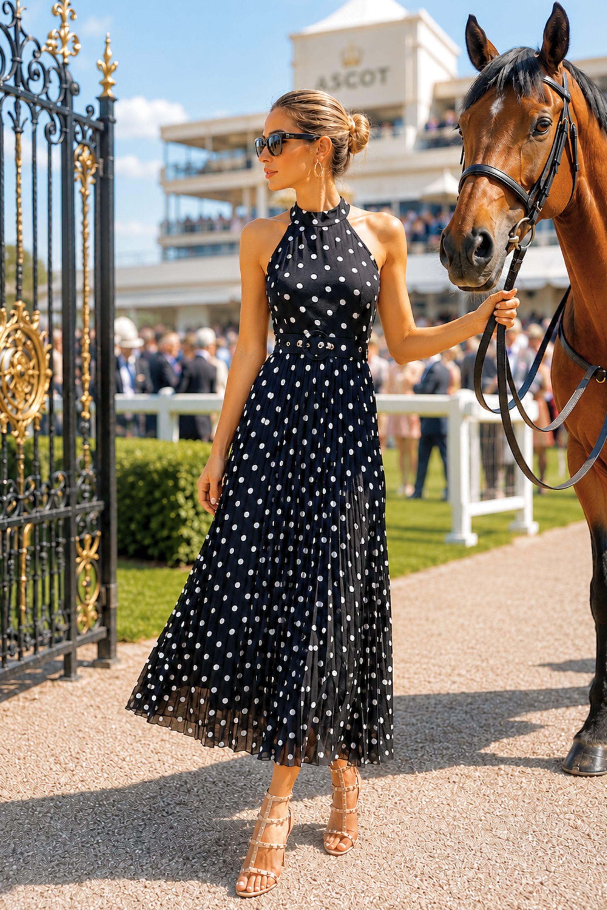 Luisa Belted Pleated Maxi Dress / Mono Spot Print