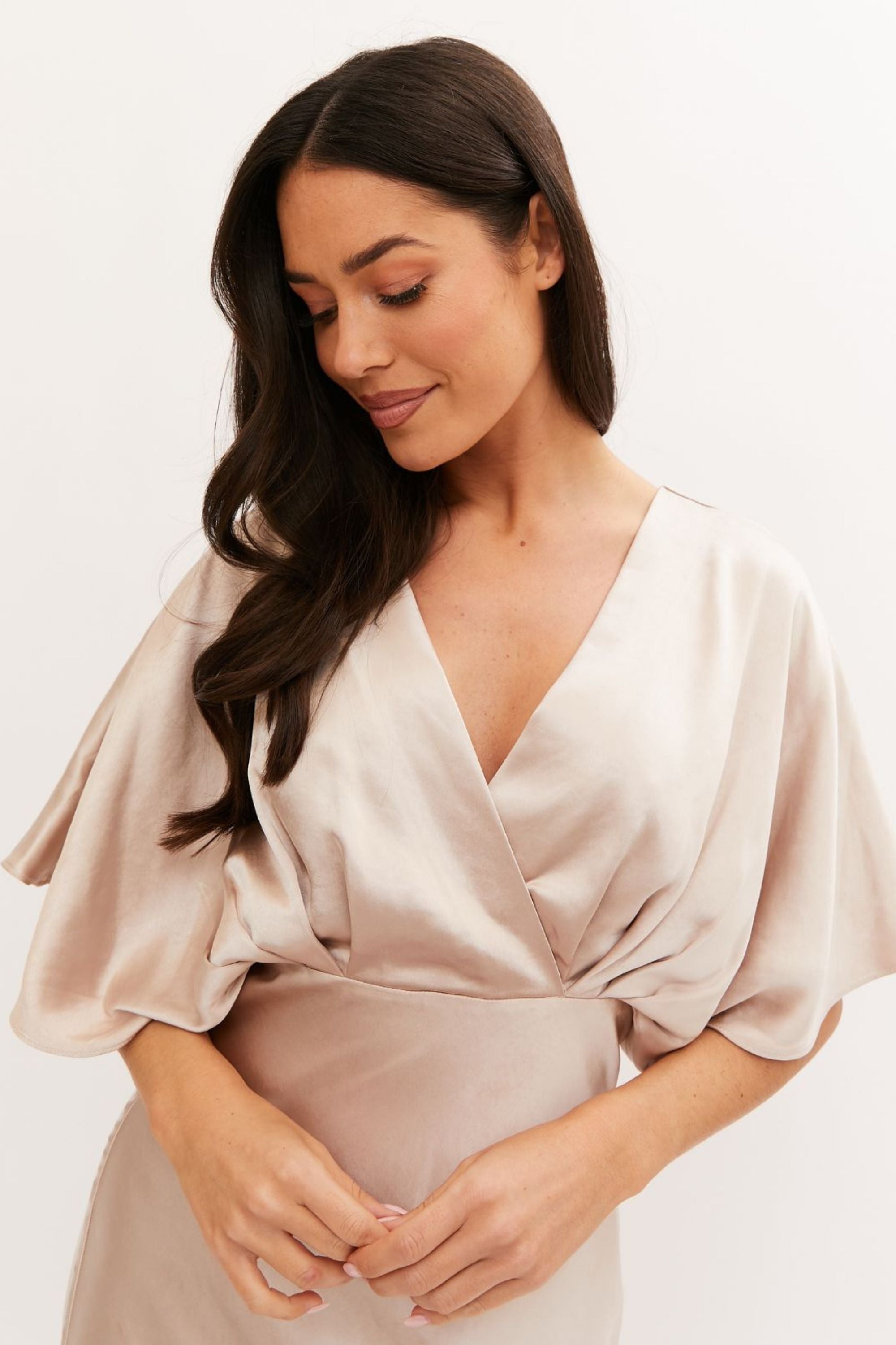 Angel Sleeve Maxi Satin Dress / Champagne