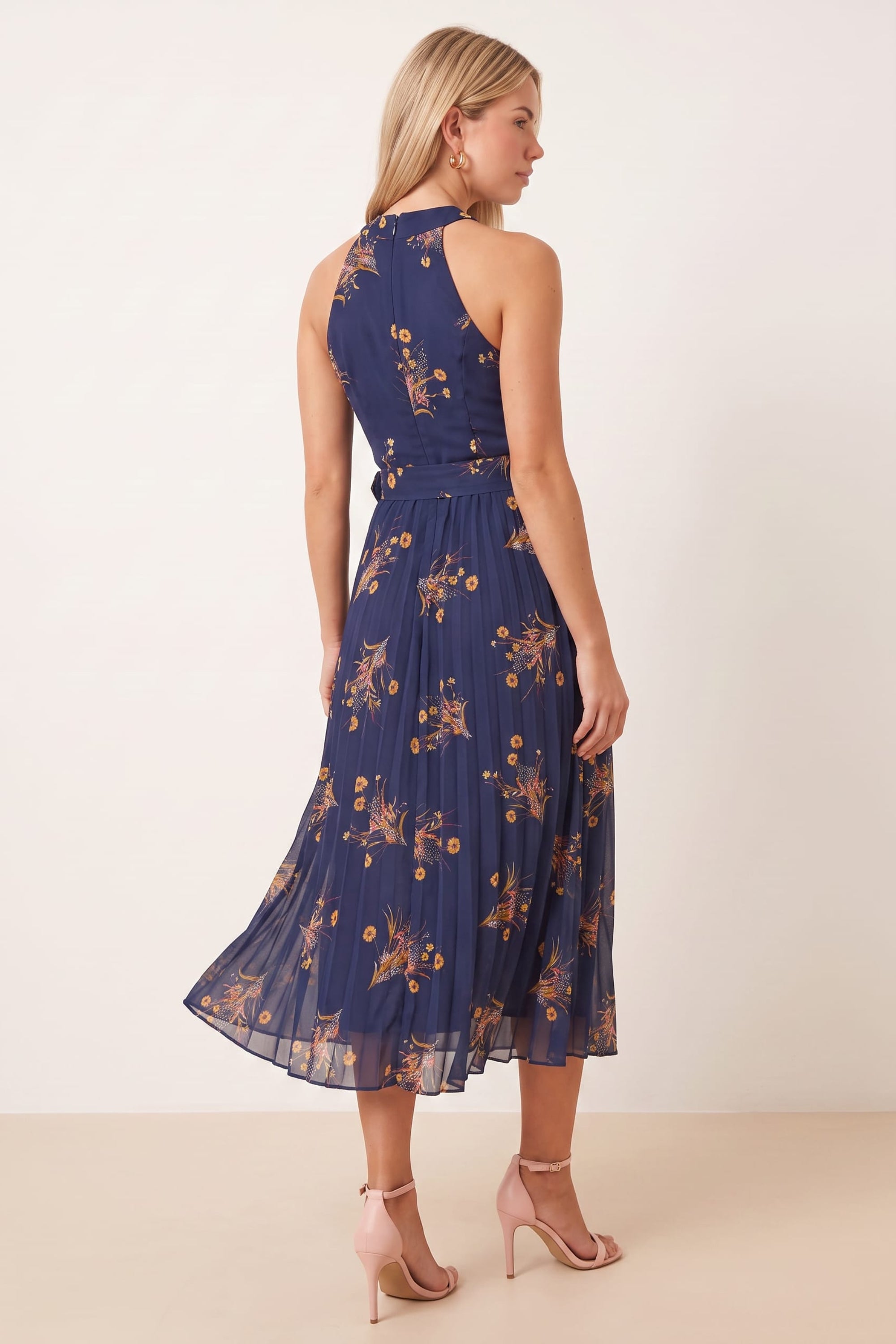 Luisa Belted Pleated Maxi Dress / Navy Floral Print
