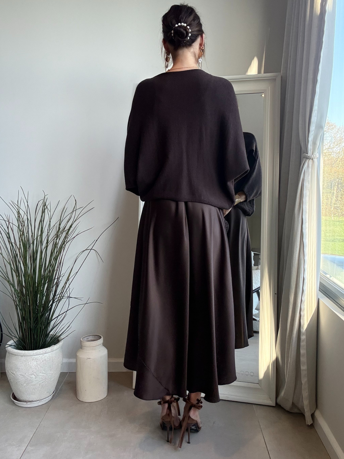 2 in 1 Knitted Cross Front Satin Maxi Dress in Chocolate Brown