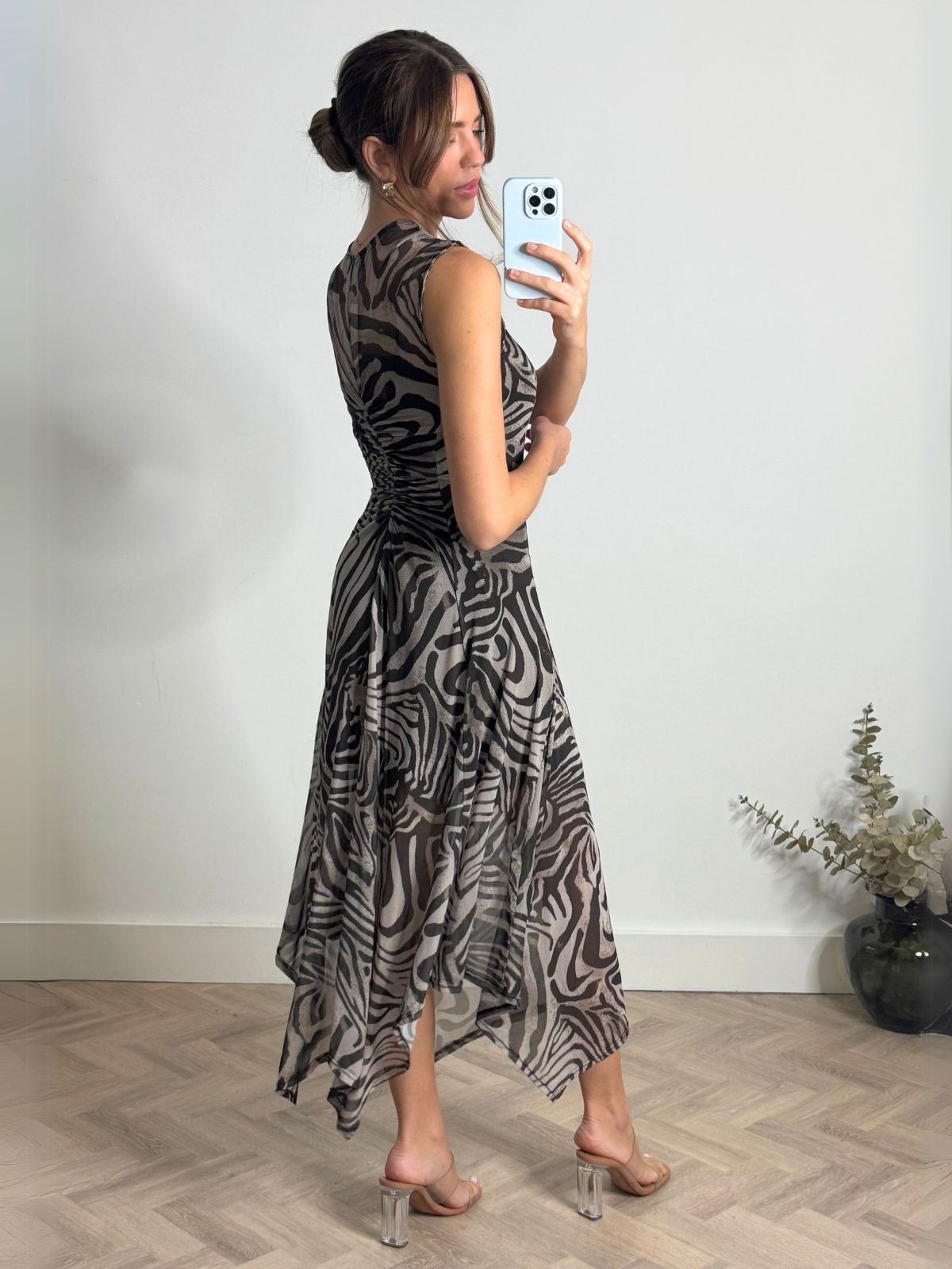 Senna V Neck Ruched Mesh Dress in Zebra