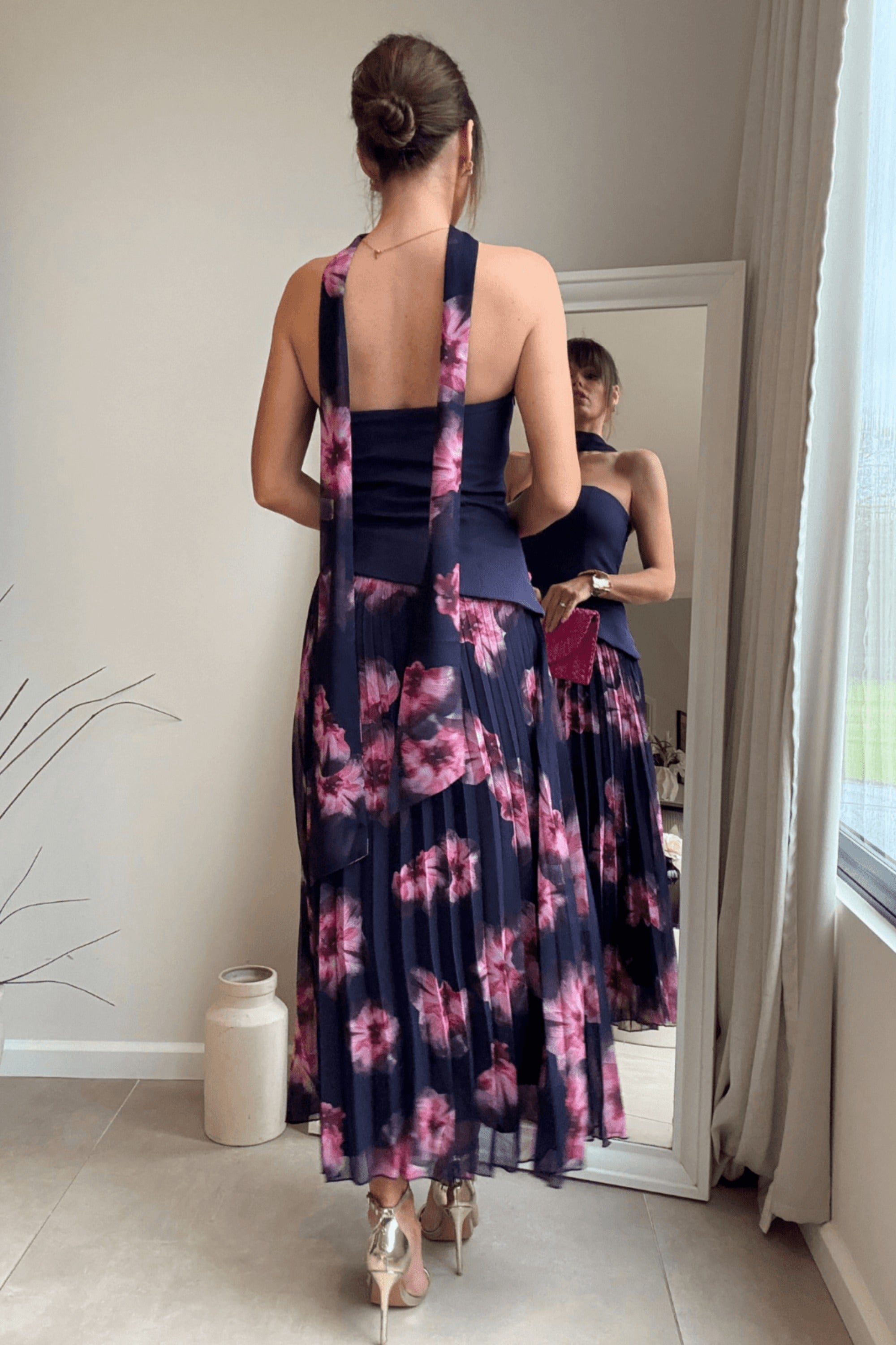 Viola Scarf Bandeau Pleat Dress in Navy - Style Cheat