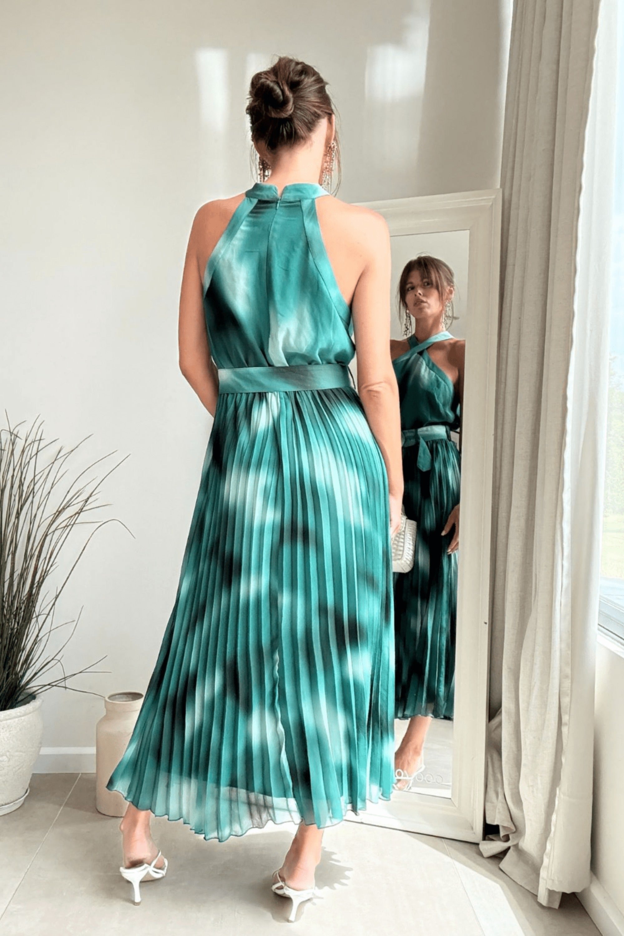 Paige Halter Pleated Belted Dress / Green Print - Style Cheat