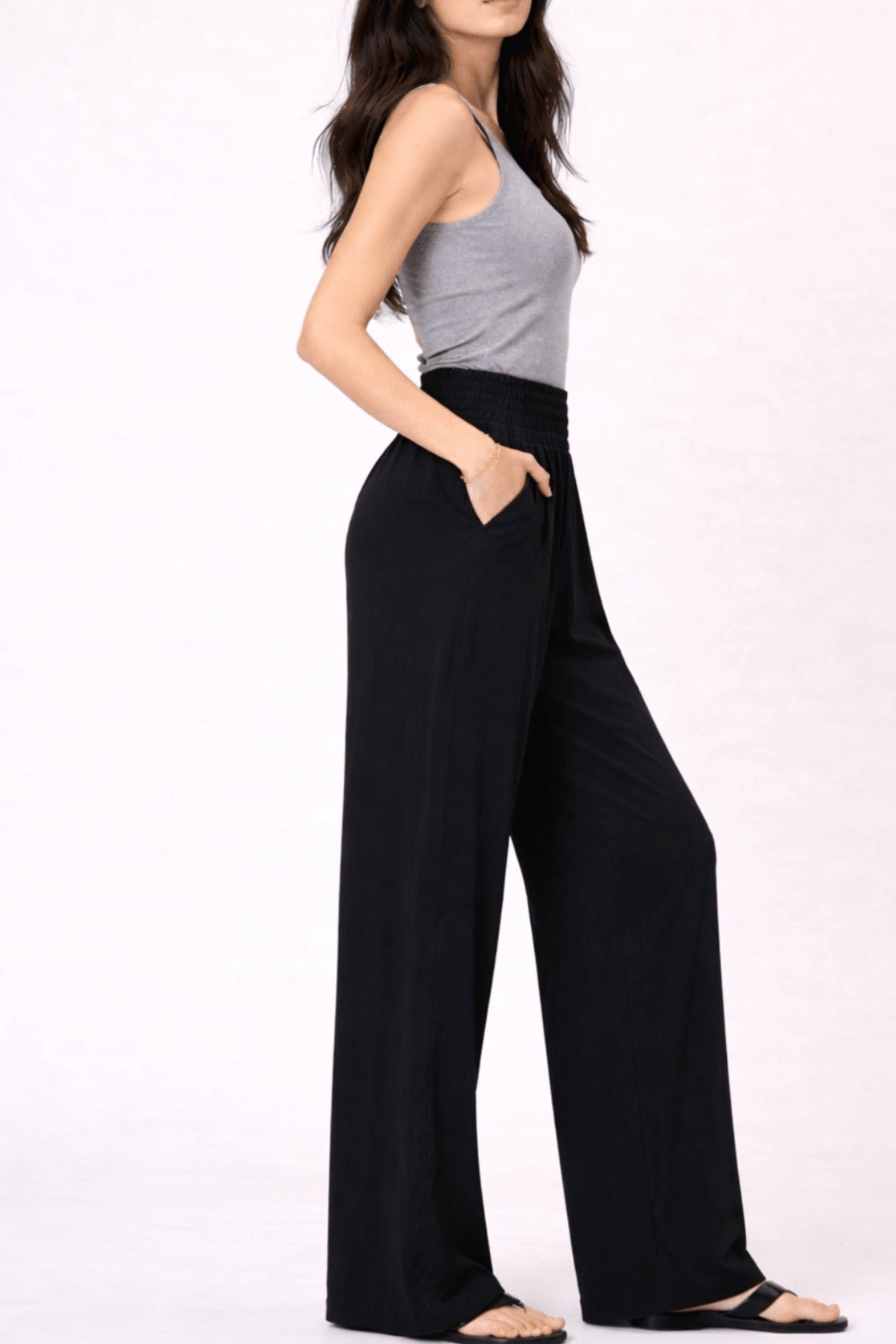 Black Shirred Plain Trouser - Style Cheat