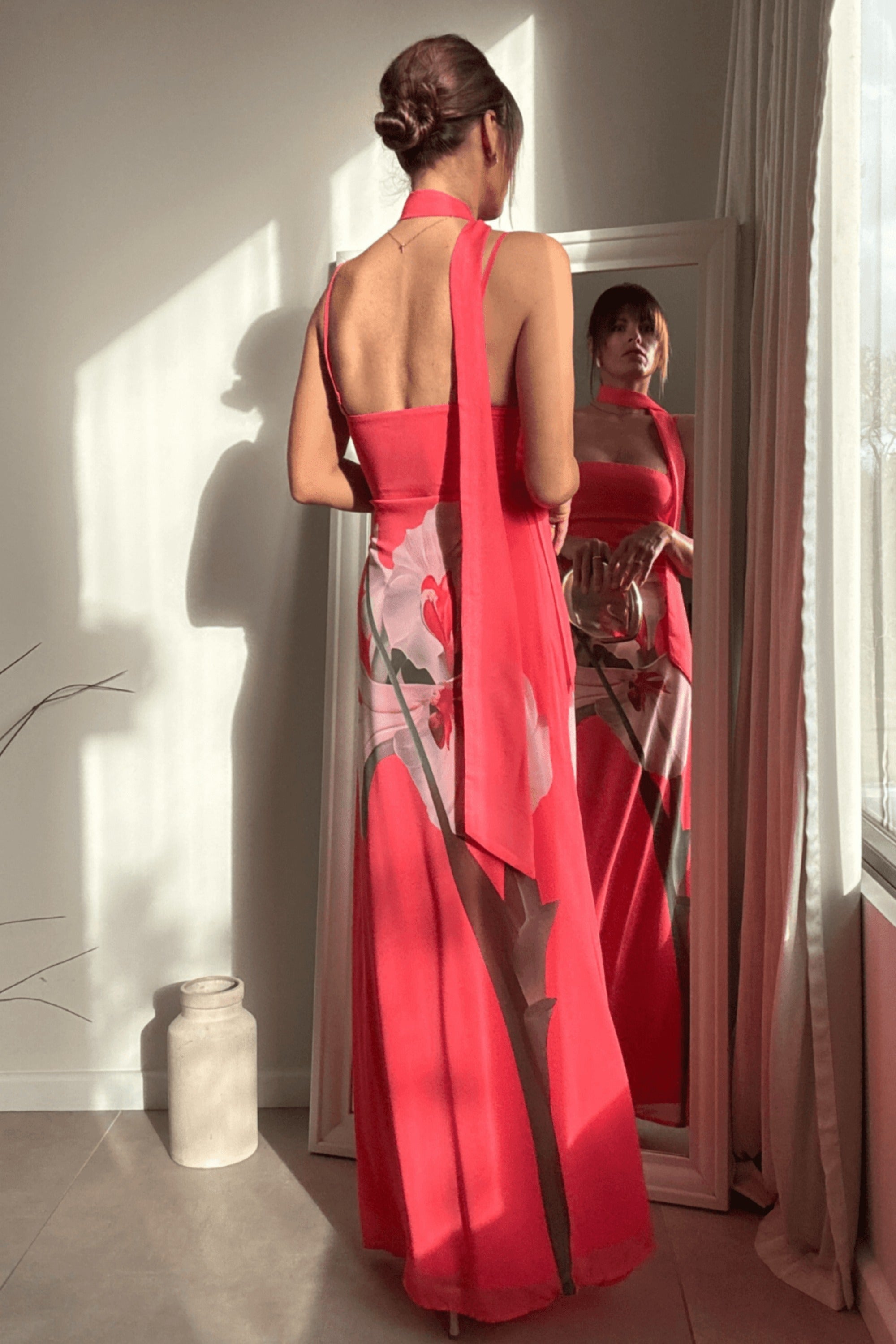 Peony Soft Chiffon Maxi Dress with Scarf in Pink - Style Cheat