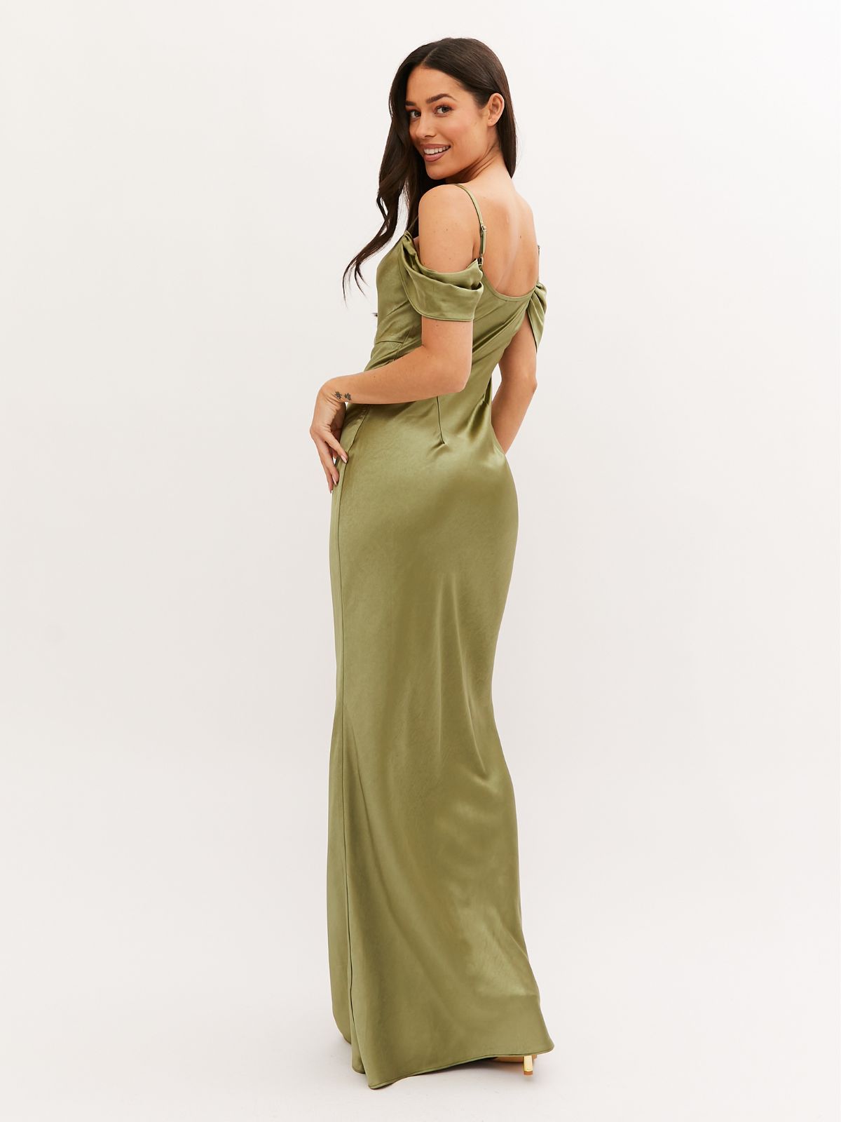 Felicity Cold Shoulder Satin Maxi Dress / Green