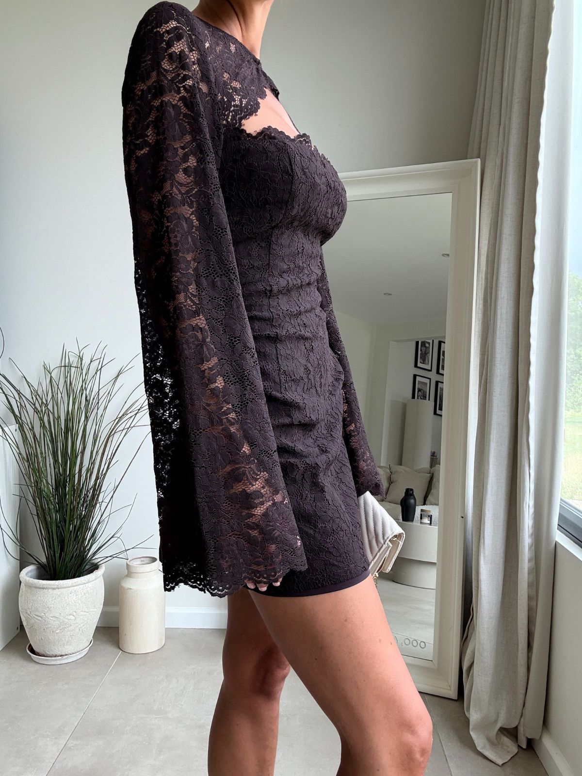 Savannah Lace cut out Mini Dress in Chocolate brown