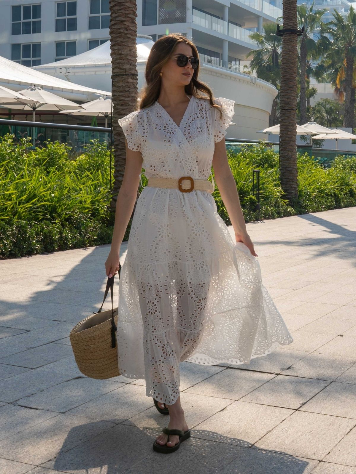 Mikaela Belted Broderie Midi Dress in White