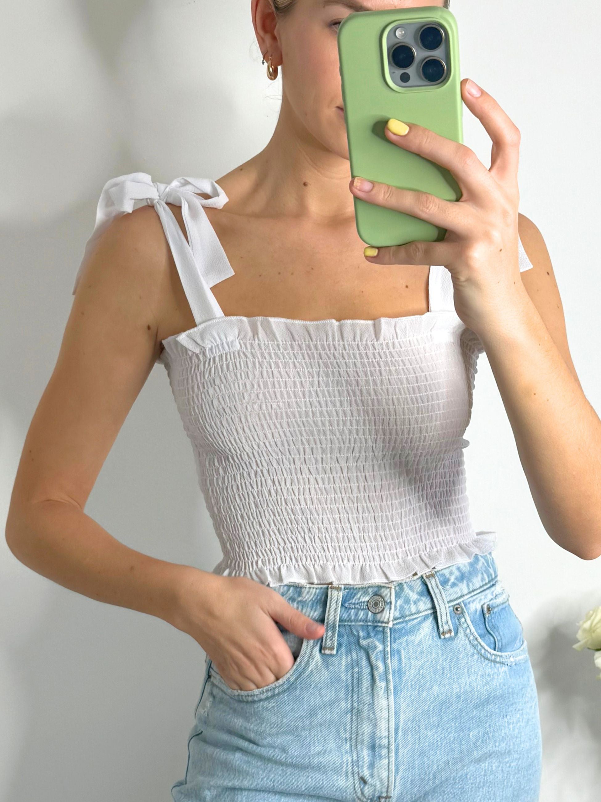 Tie Shoulder Crop Top | Sami Shirred Top in White