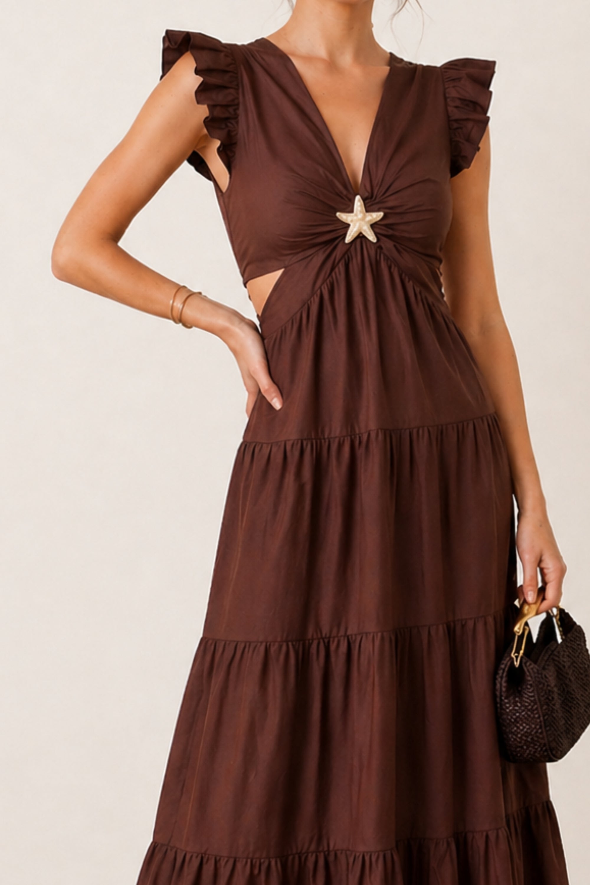 Indie Cut Out Frill Maxi Dress in Brown