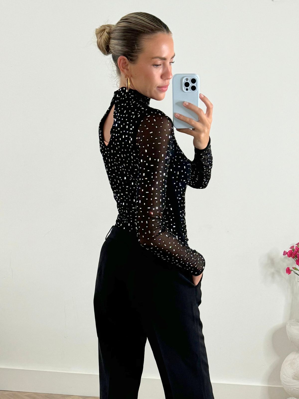 Izzi Rhinestone High Neck Mesh Bodysuit in Black