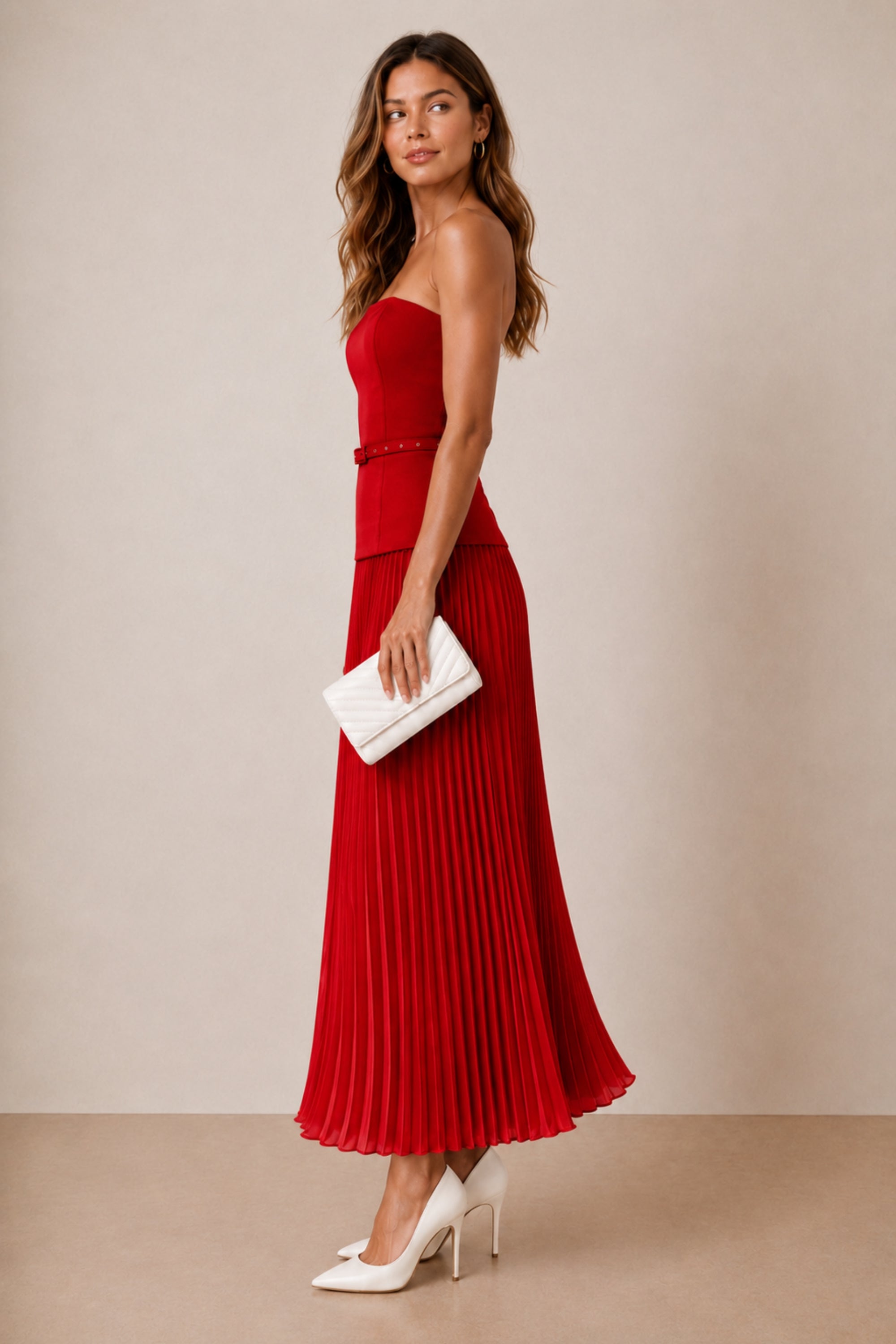 Anna Bandeau Pleat Dress in Red