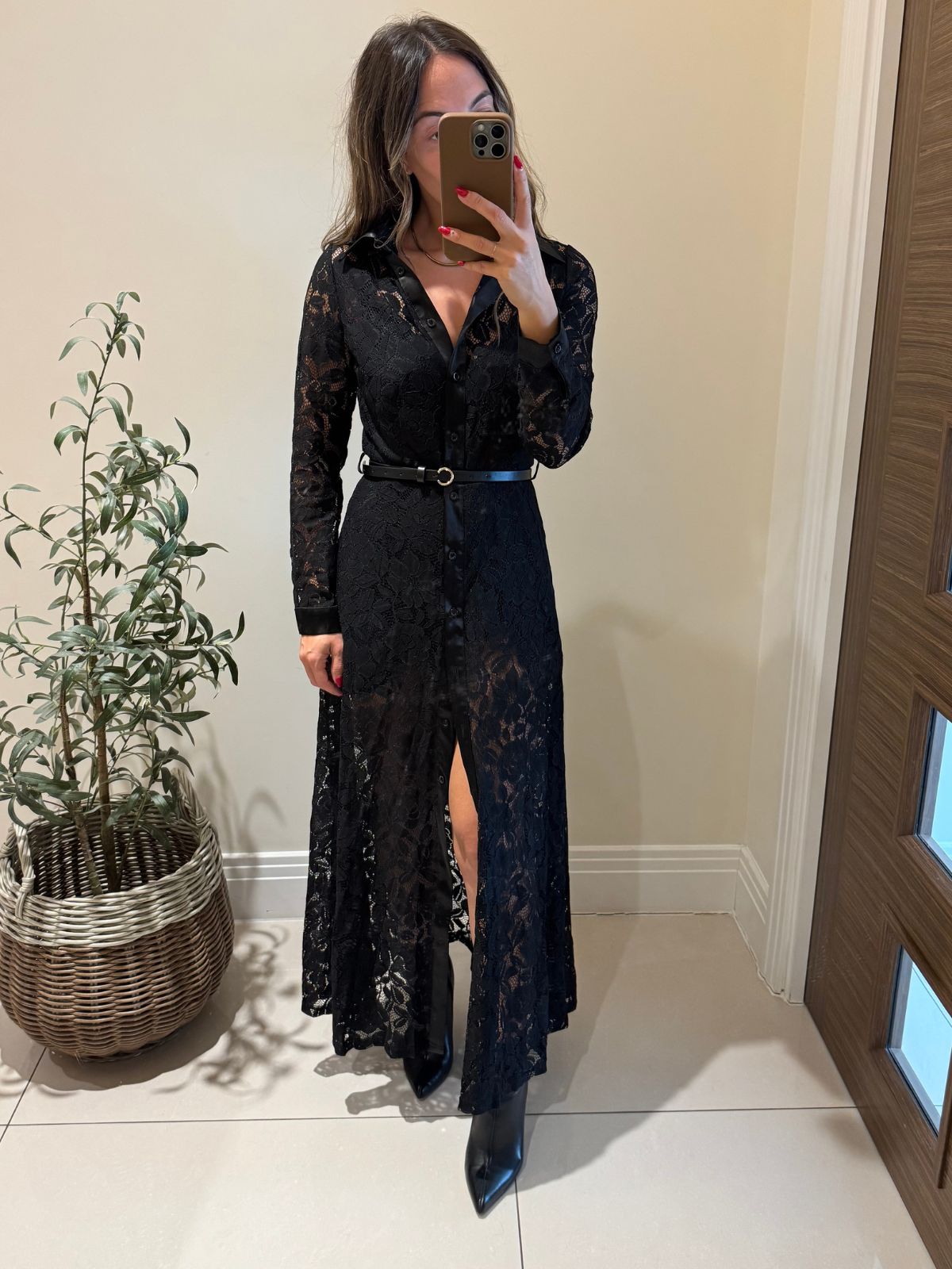 Daphne Belted Shirt Dress / Black Lace