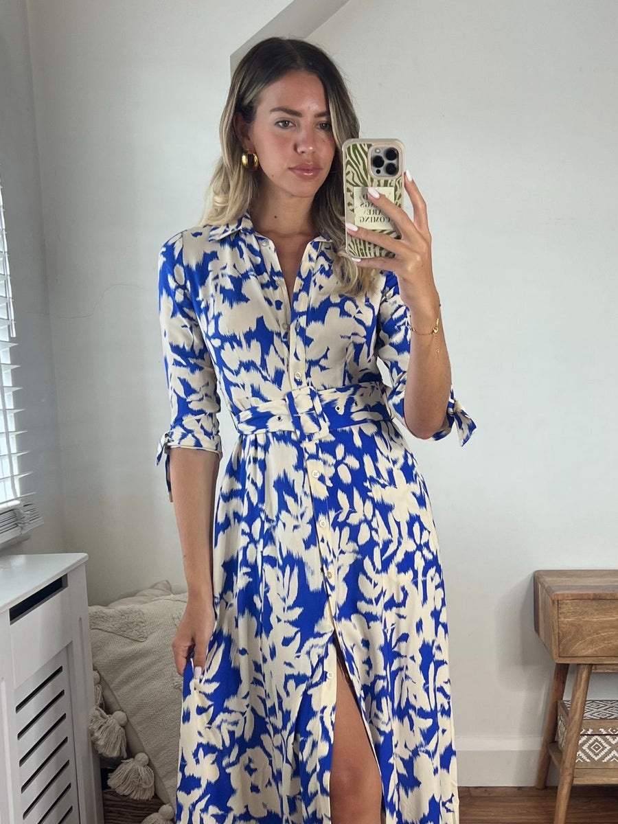 Floral Belted Shirt Dress | Daphne Dress in Cobalt & Cream Floral ...