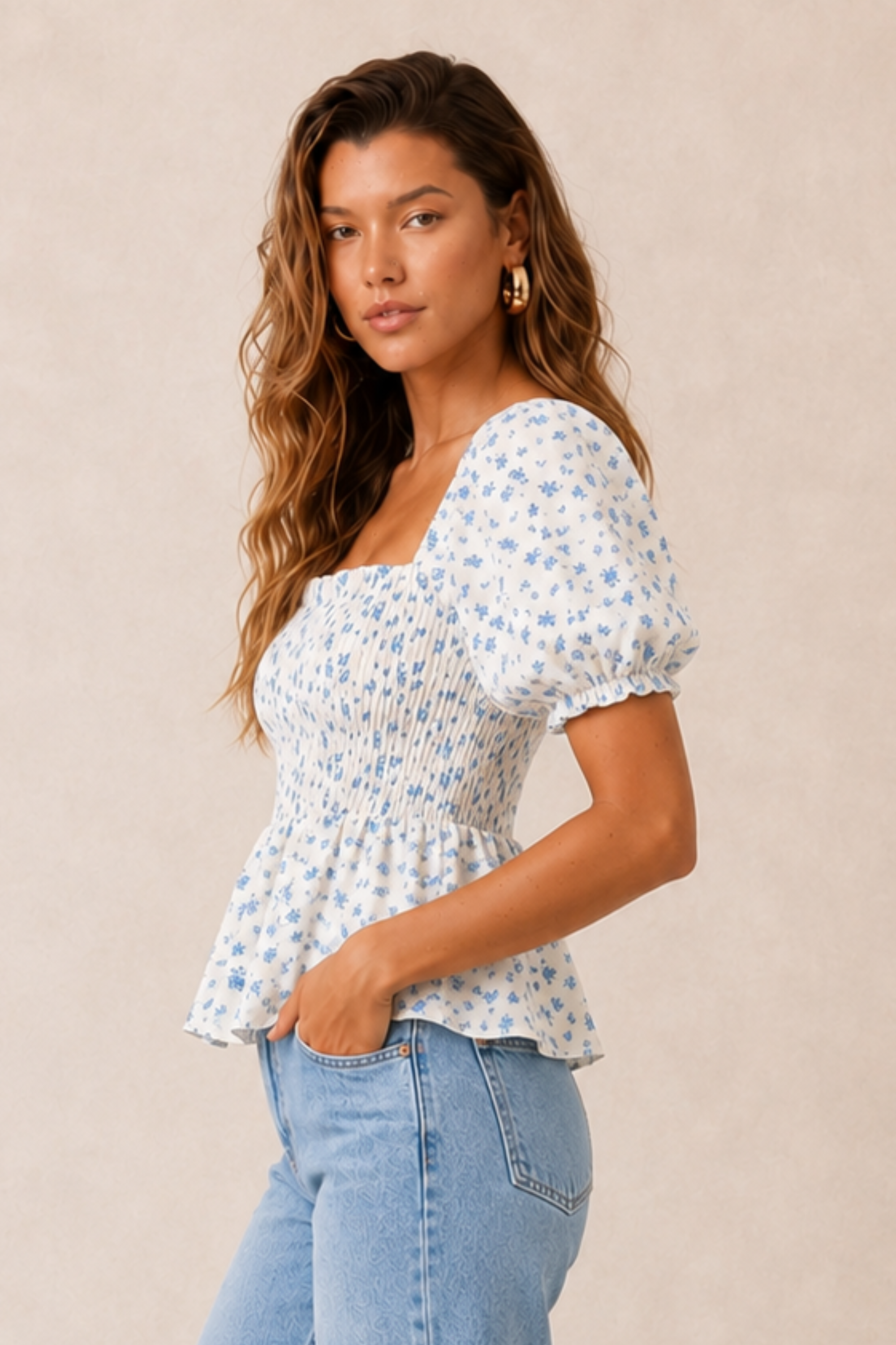 Blue Floral Shirred Top