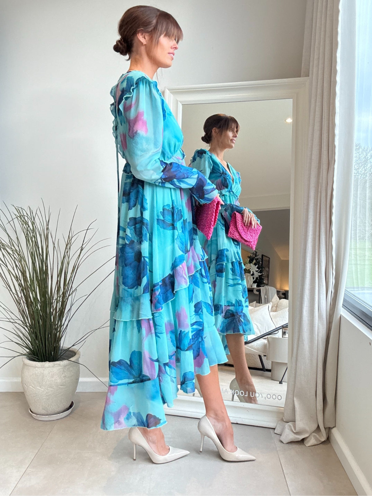 Birdie Frill Tie Back Dress / Blue Floral