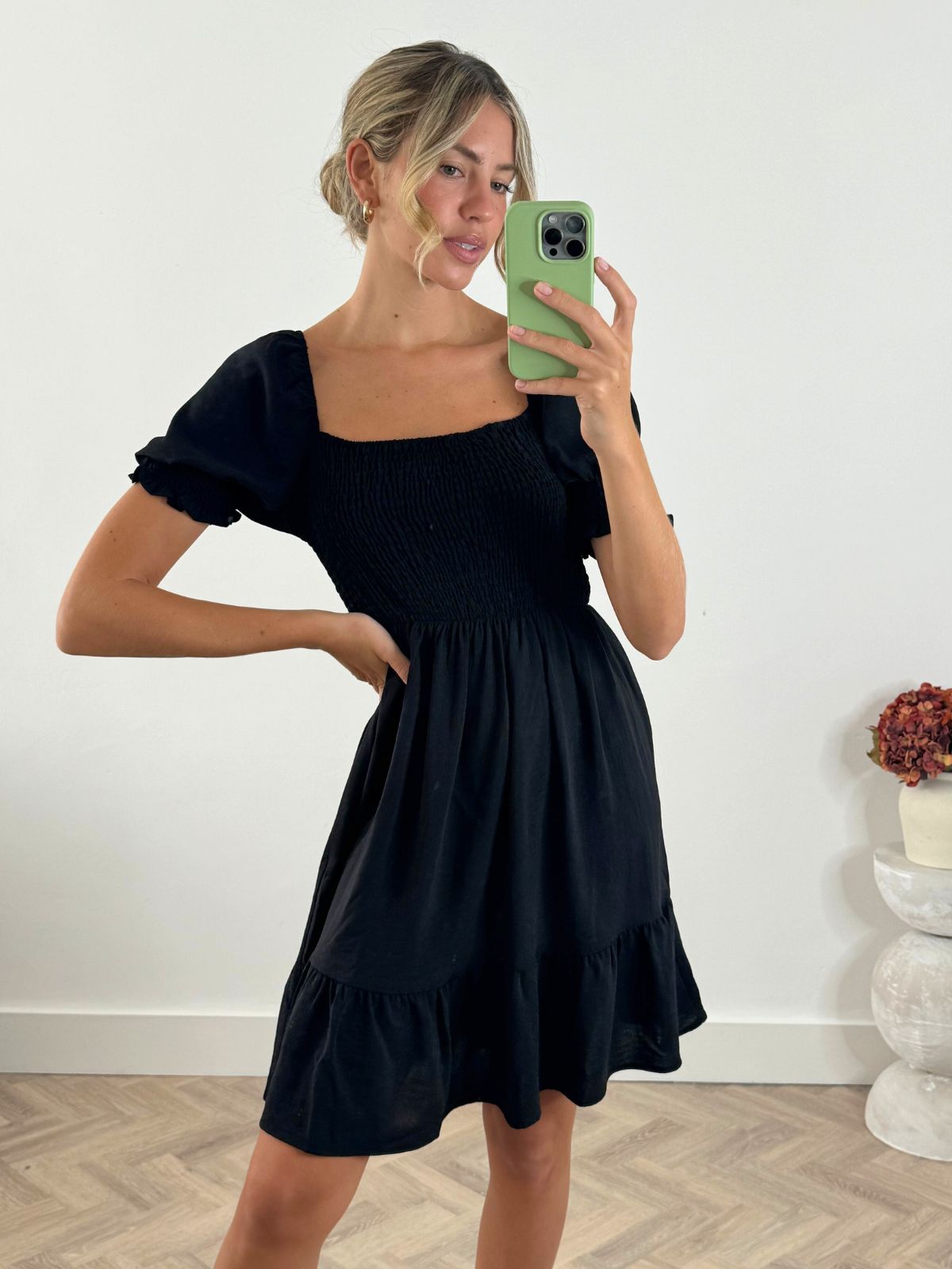 Amie Puff Sleeve Mini Dress in Black