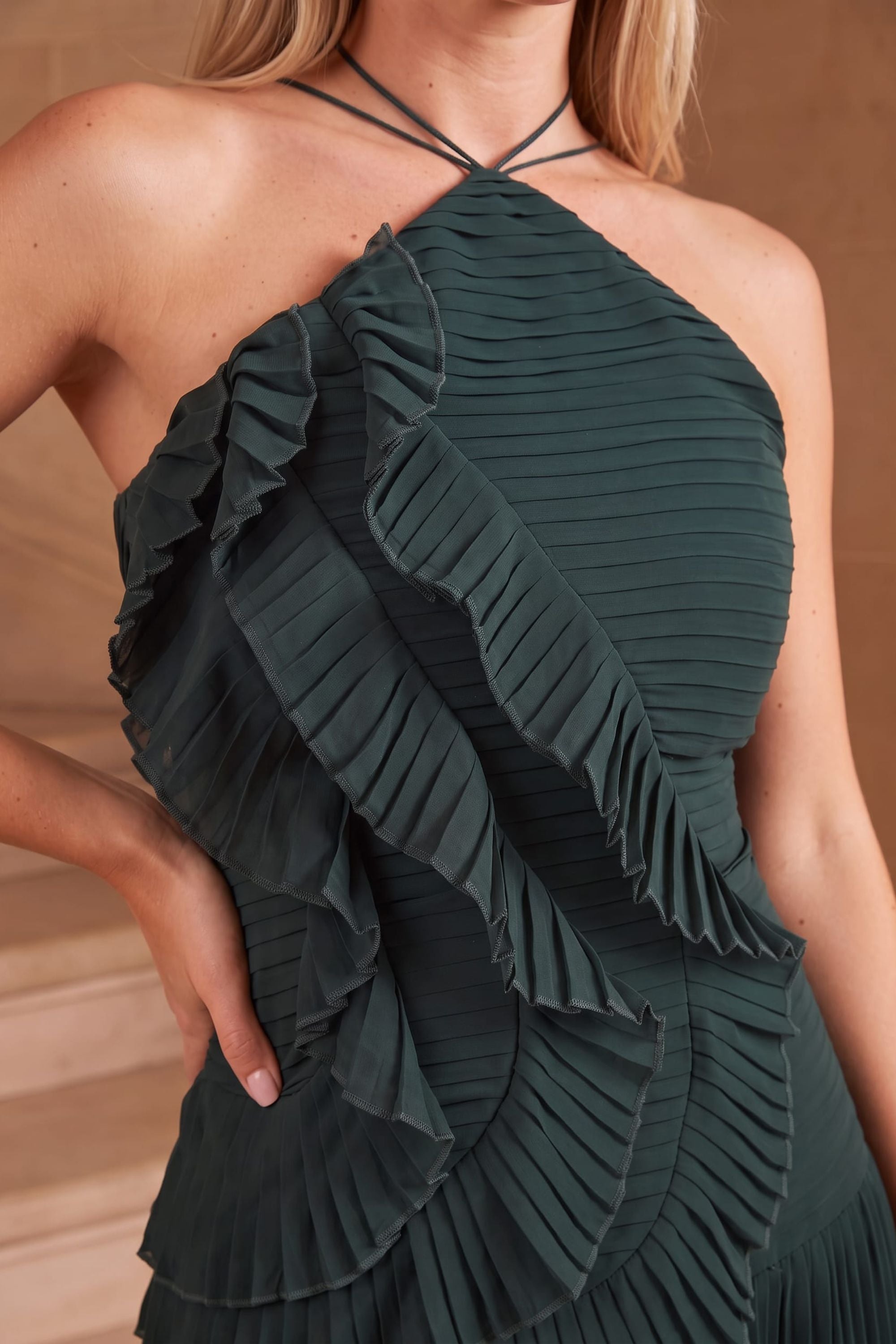 Pleated halter tie dress in Emerald green