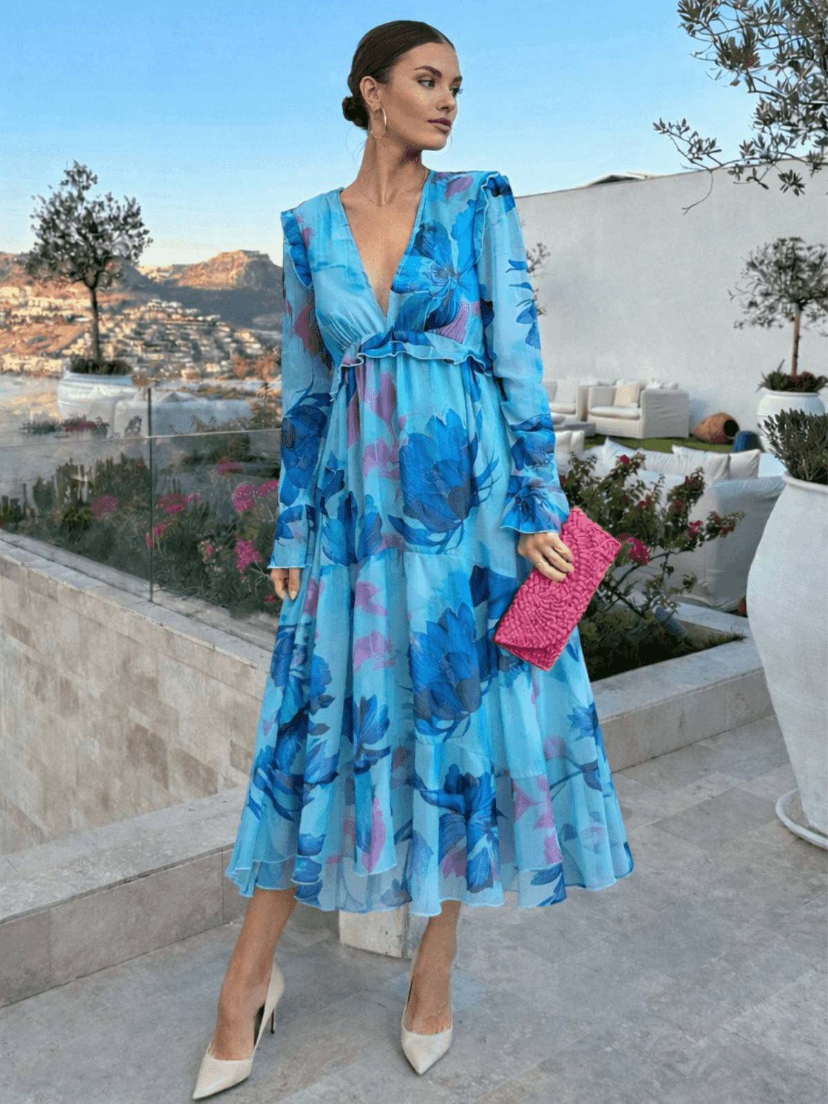 Birdie Frill Tie Back Dress / Blue Floral