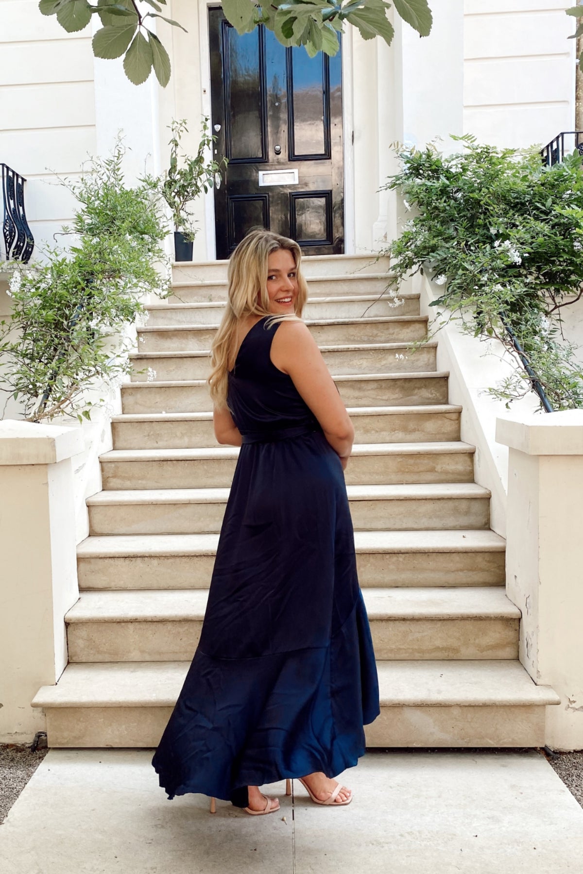 Orla Navy Satin Wrap Midi Dress