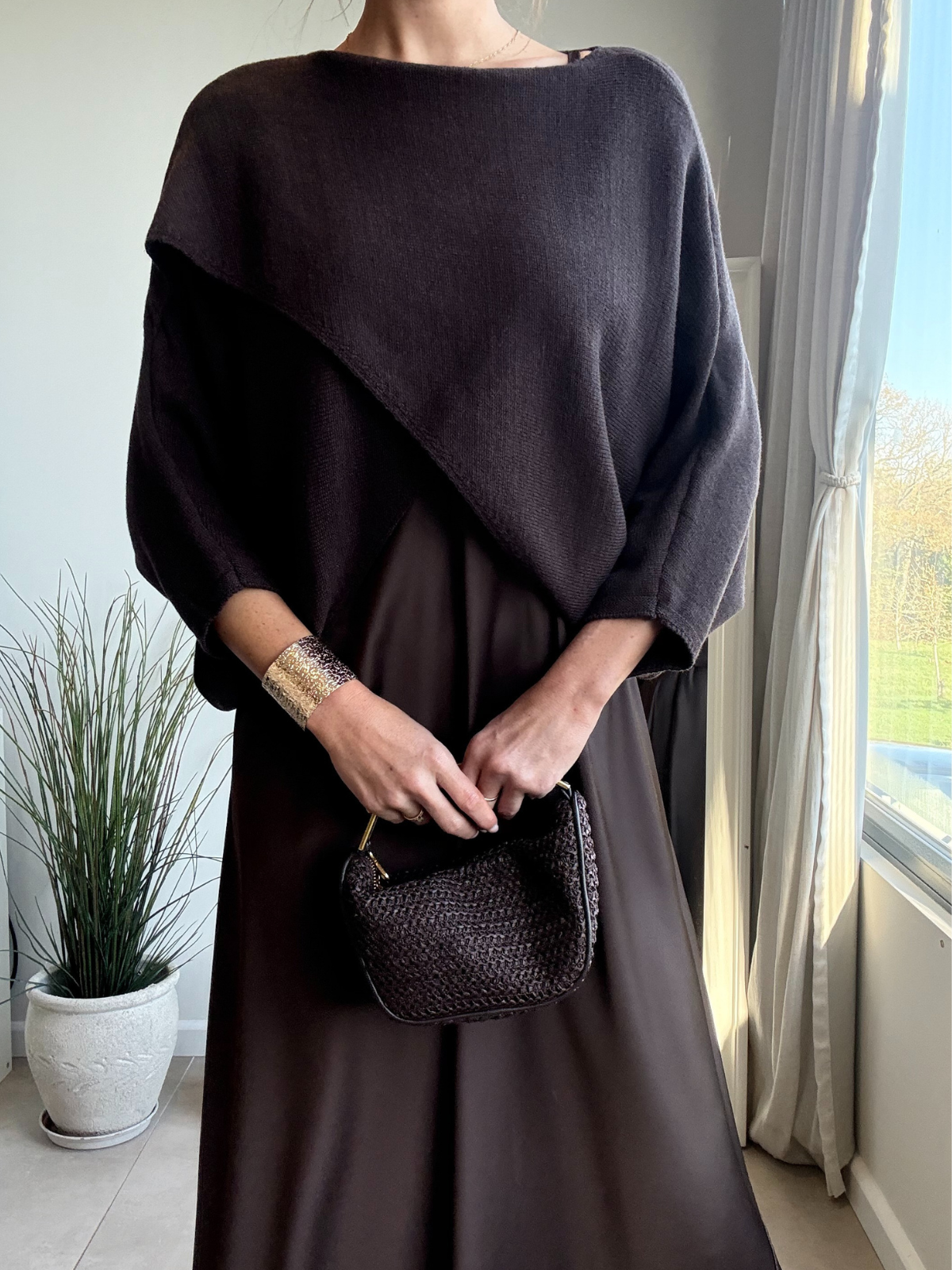 2 in 1 Knitted Cross Front Satin Maxi Dress in Chocolate Brown