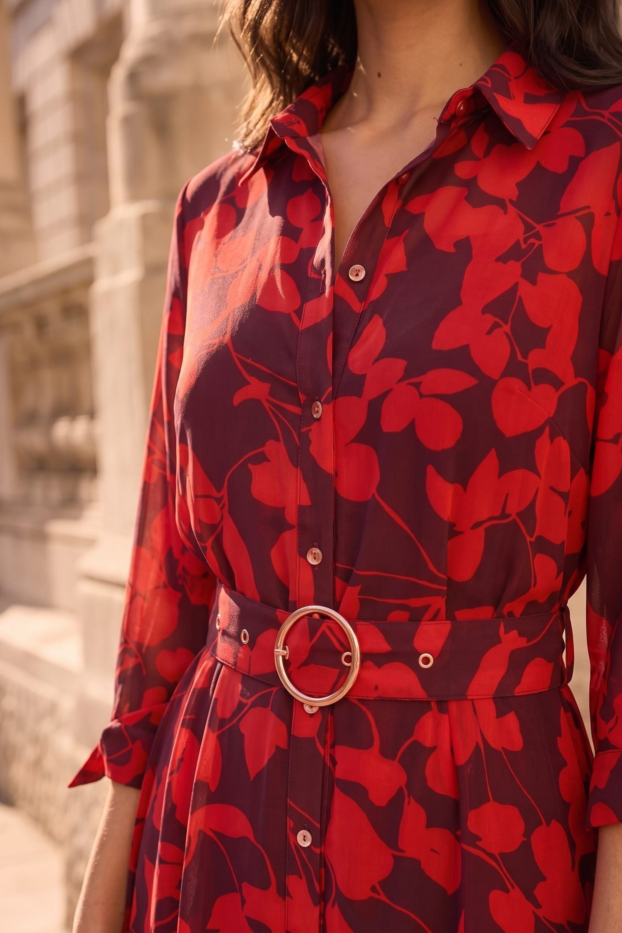 Daphne Belted Red Floral Dress