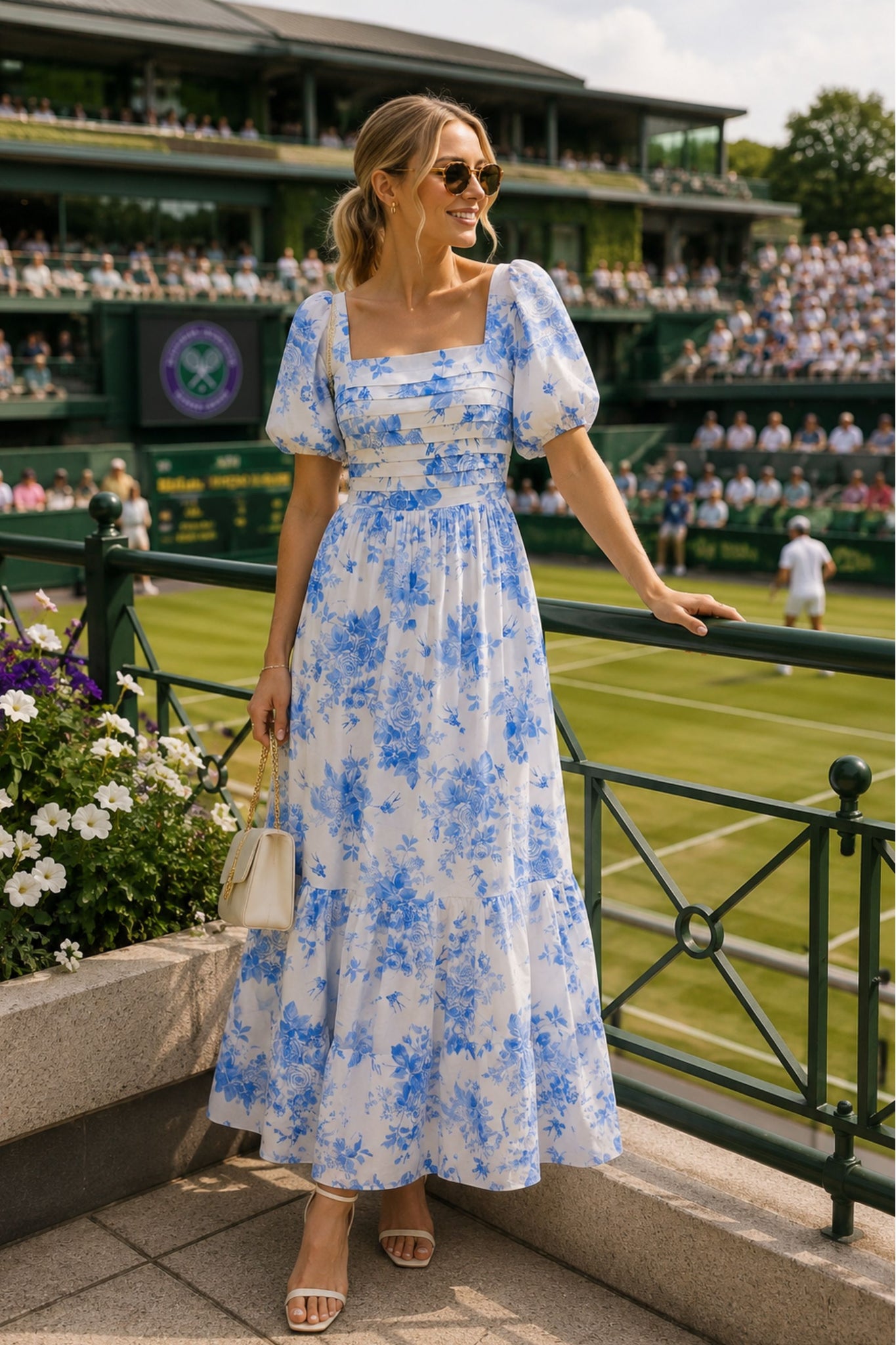 floral blue midi dress Puff Sleeve Midi Dress