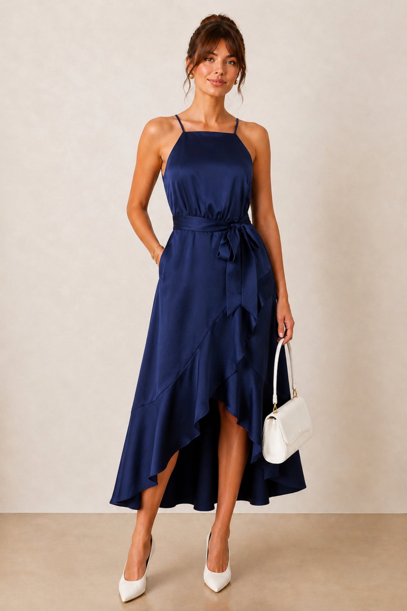 navy blue satin bridesmaid dresses Navy Midi Bridesmaid Dress