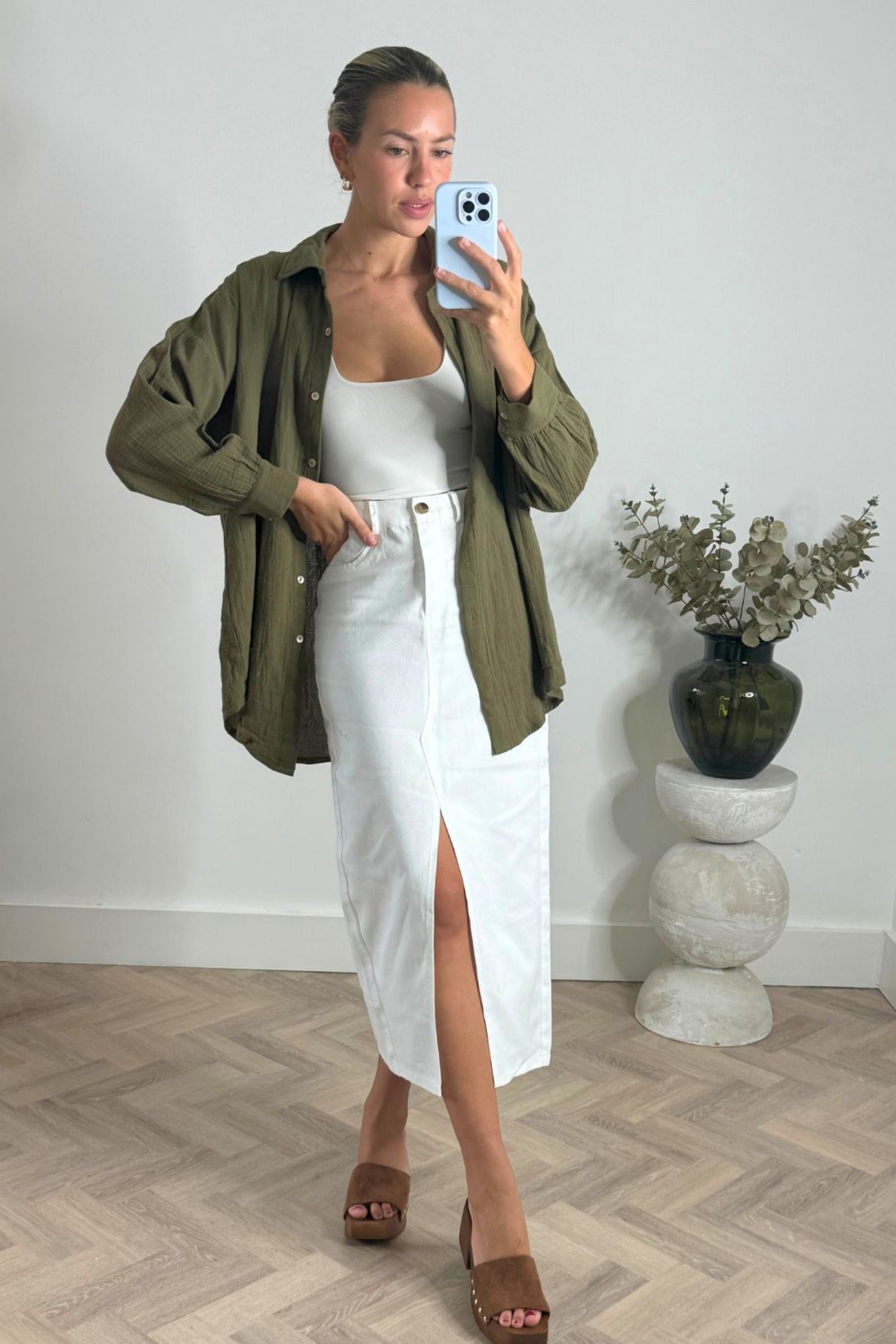 Piper Midi Twill Skirt in White - Style Cheat