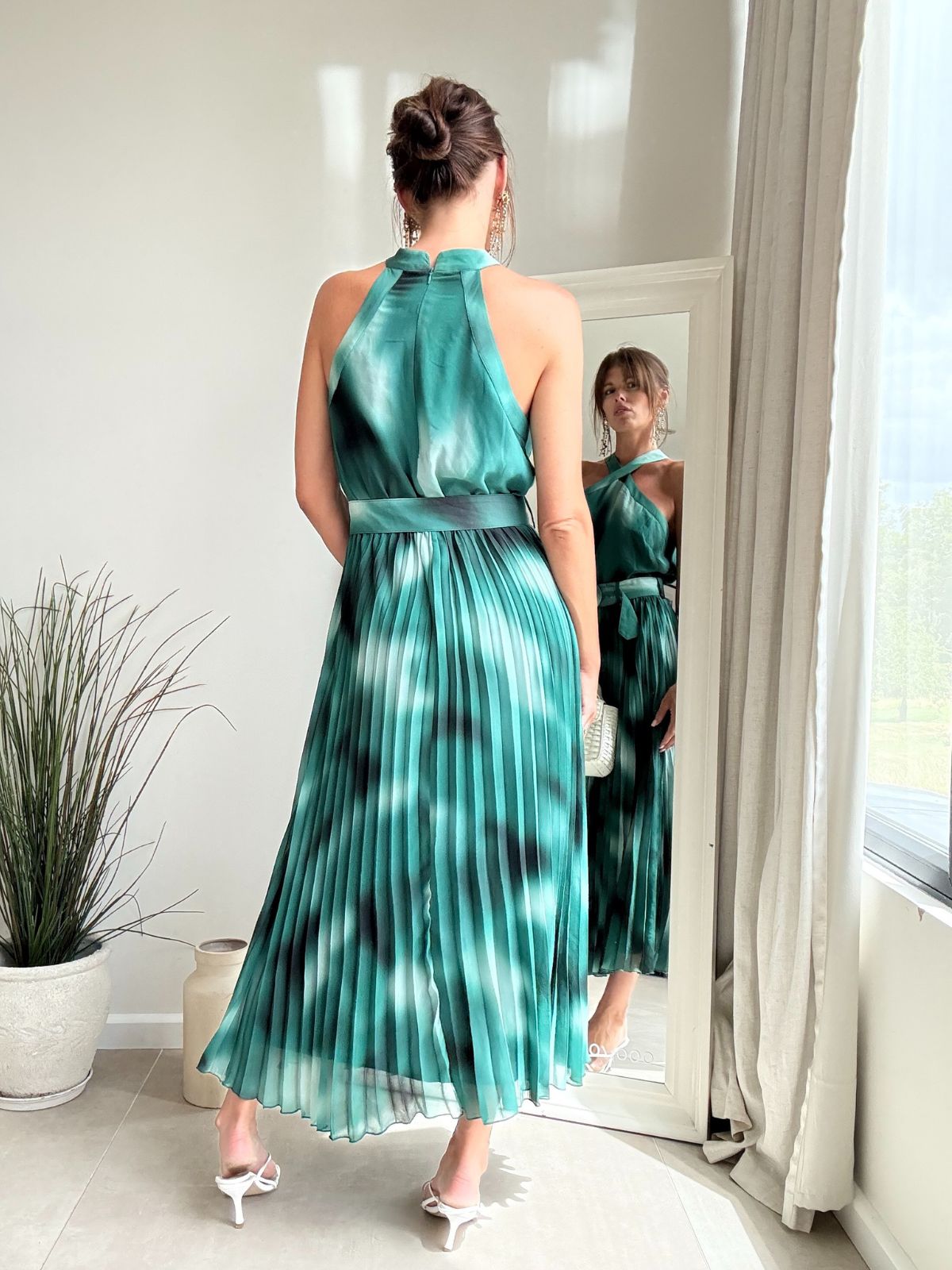 Paige Halter Pleated Belted Dress / Green Print