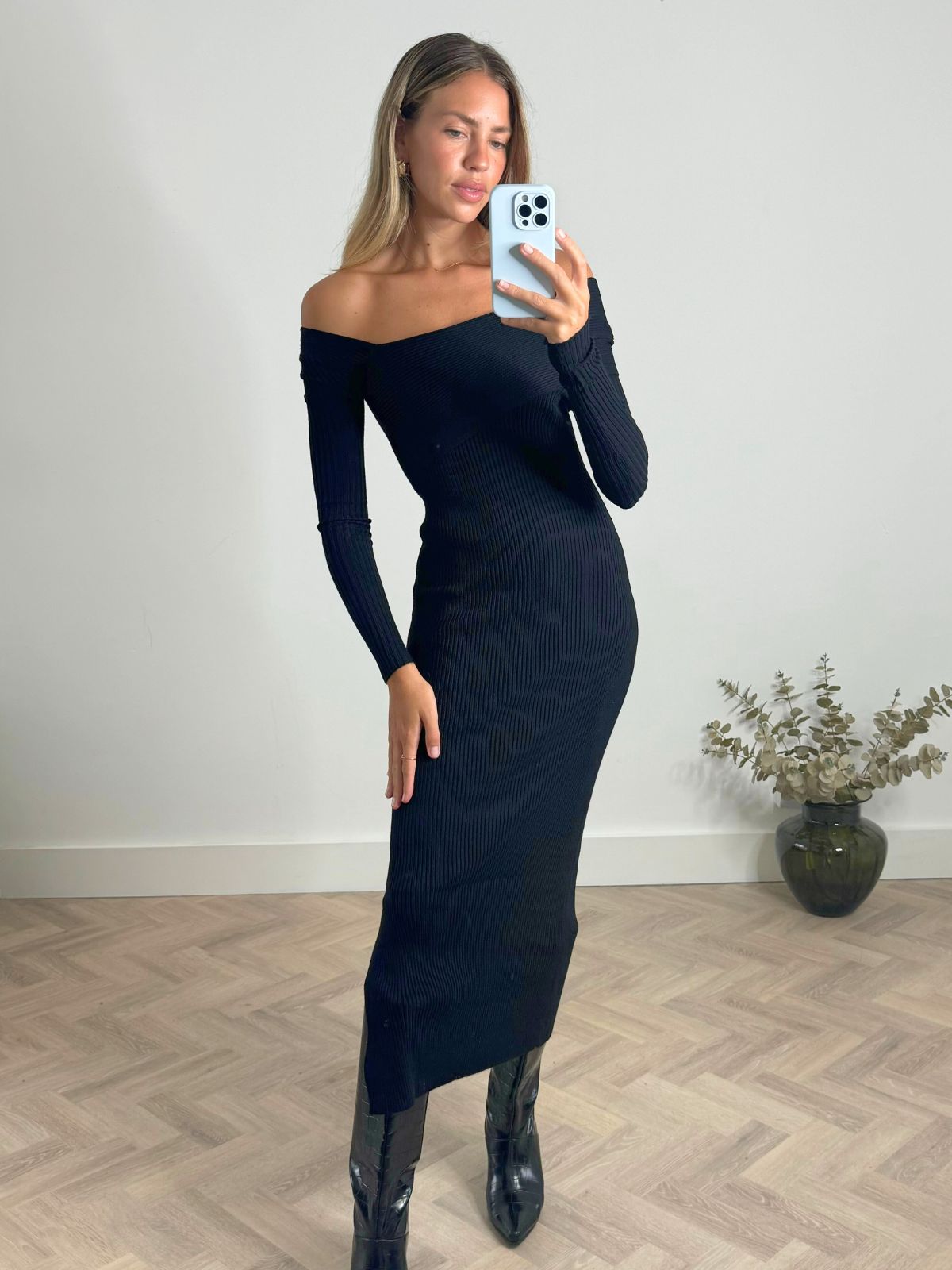 Polly Asymmetric Knitted Dress in Black