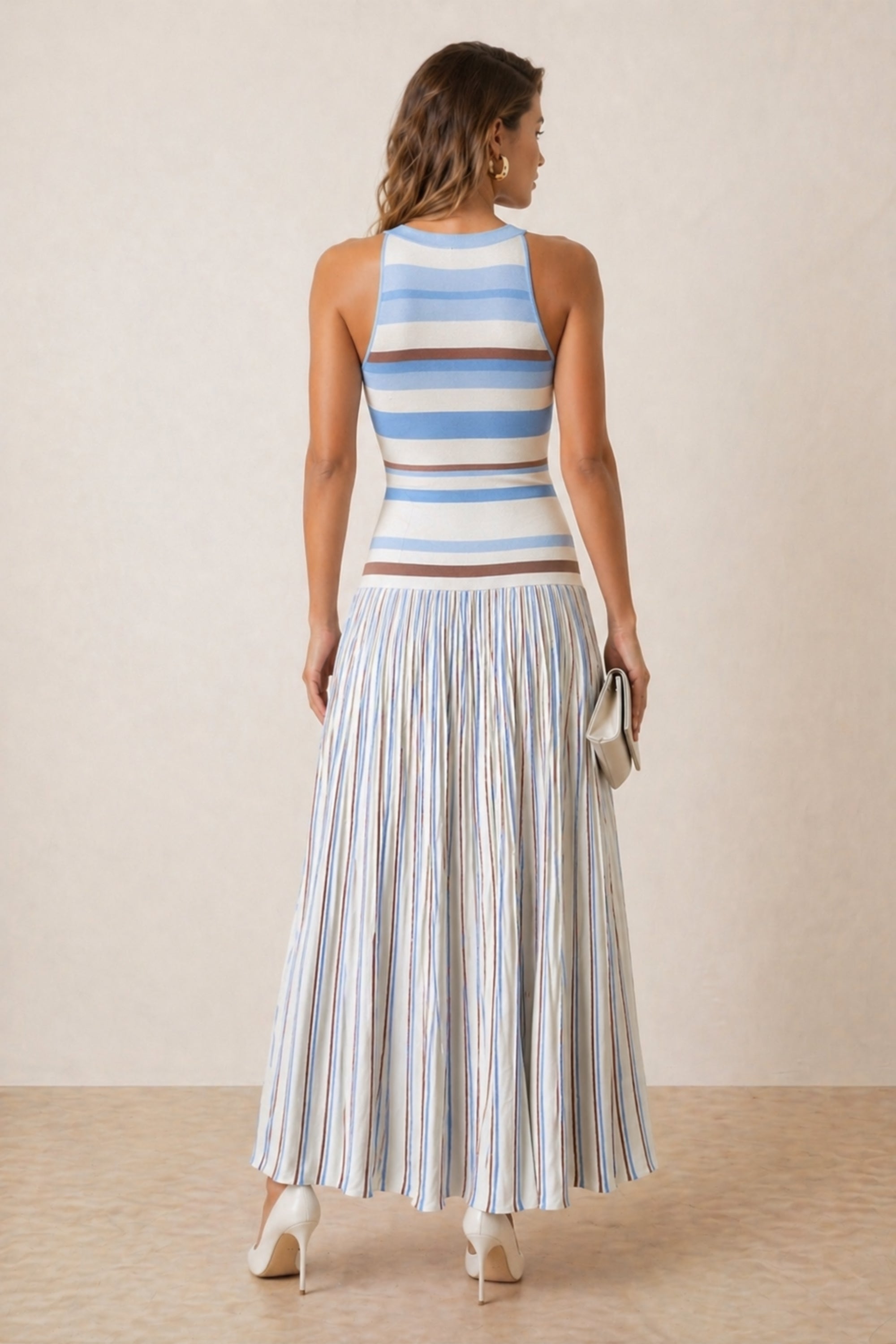 Brown and Blue Stripe Knitted Midi Dress