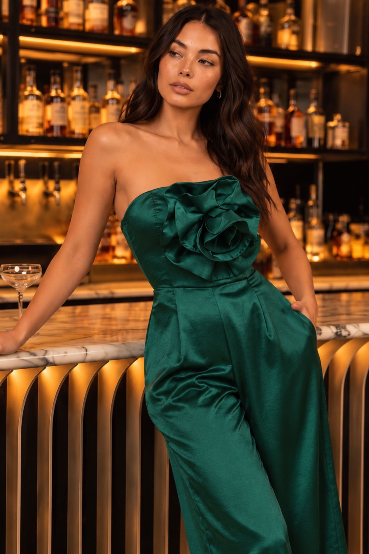 Faye Bandeau Corsage Detail Wide Leg Jumpsuit / Emerald Green