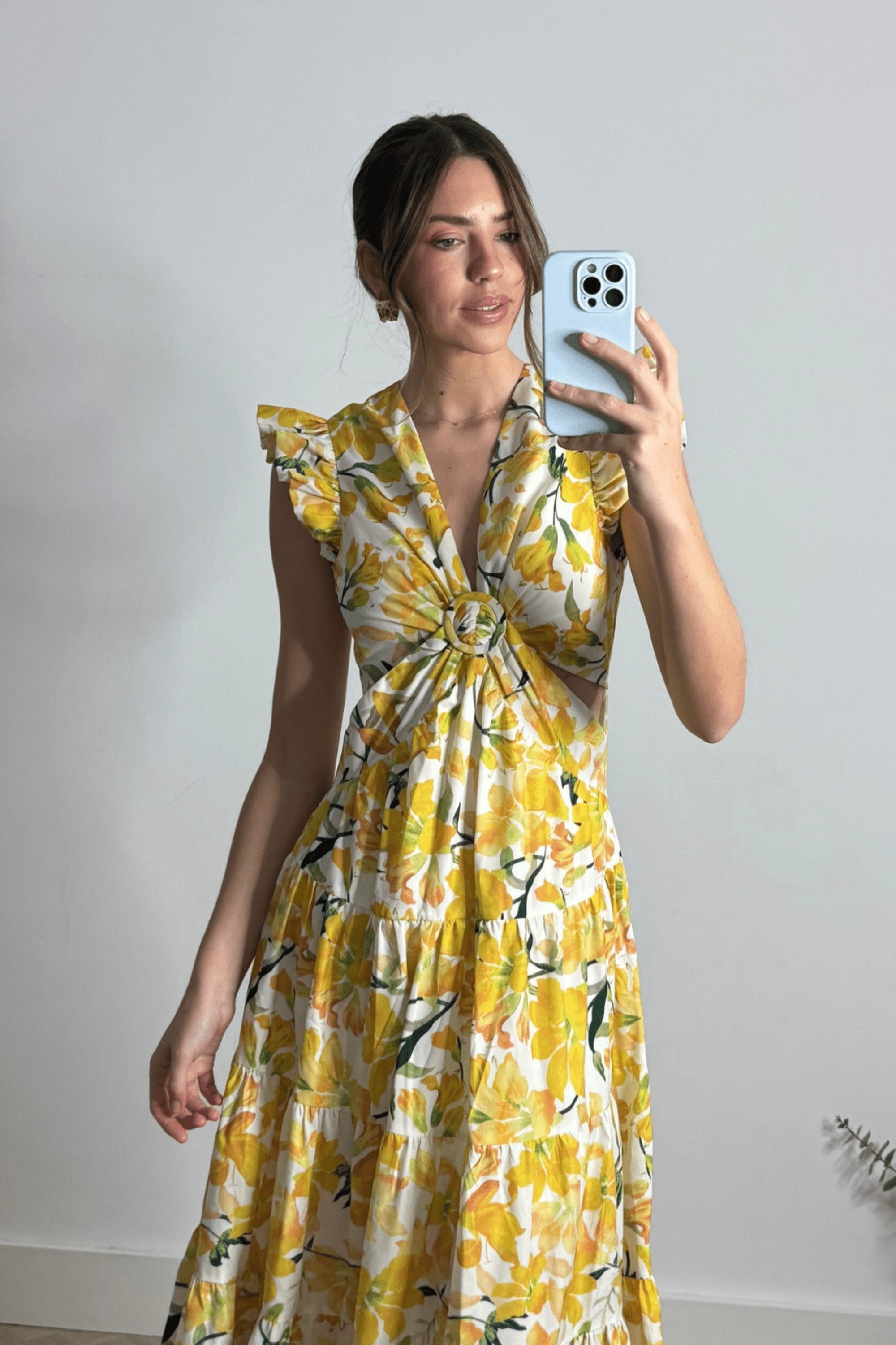 Indie Cut Out Frill Maxi Dress in Lemon Floral - Style Cheat