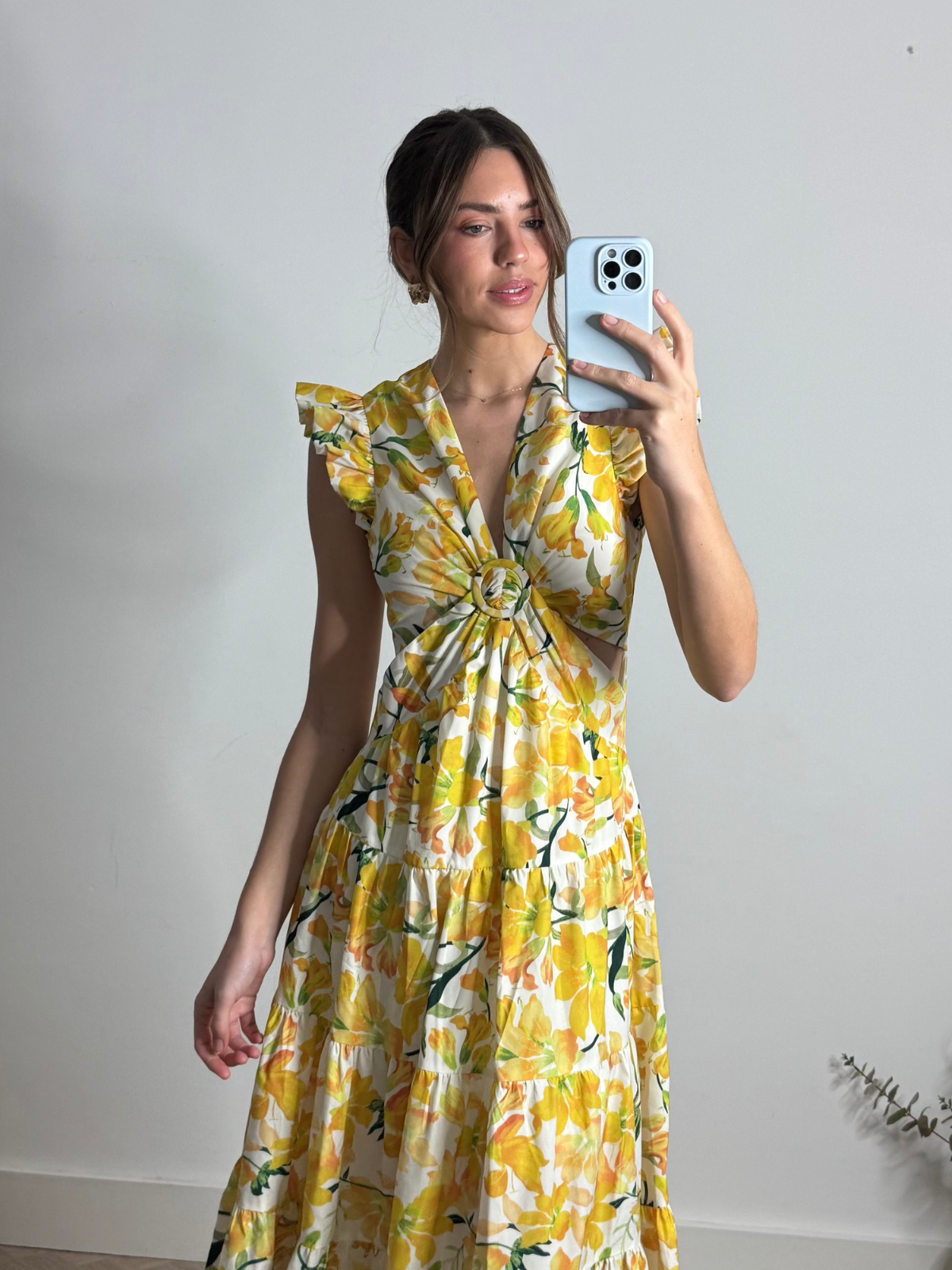 Indie Cut Out Frill Maxi Dress in Lemon Floral