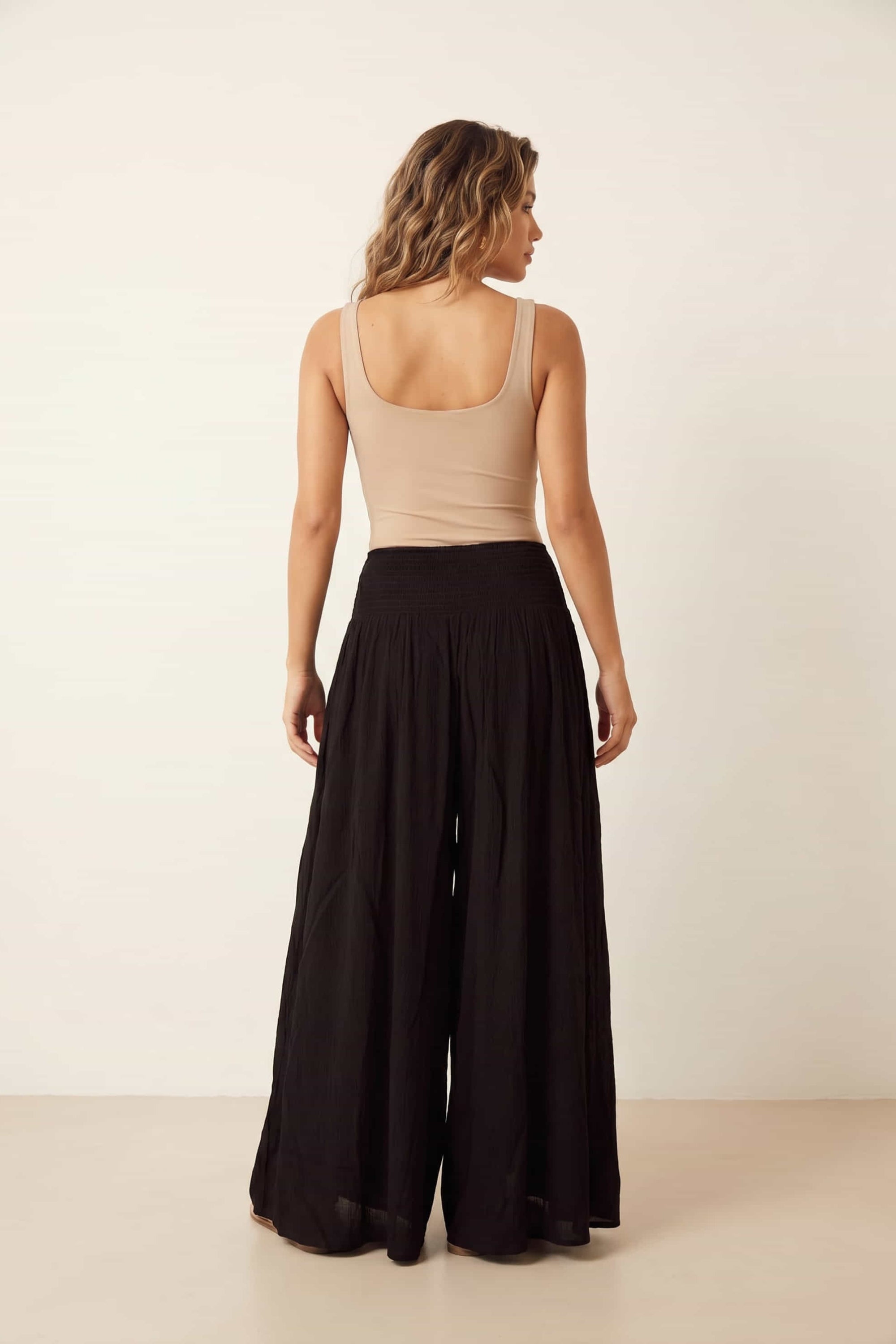 Black Shirred Plain Trouser