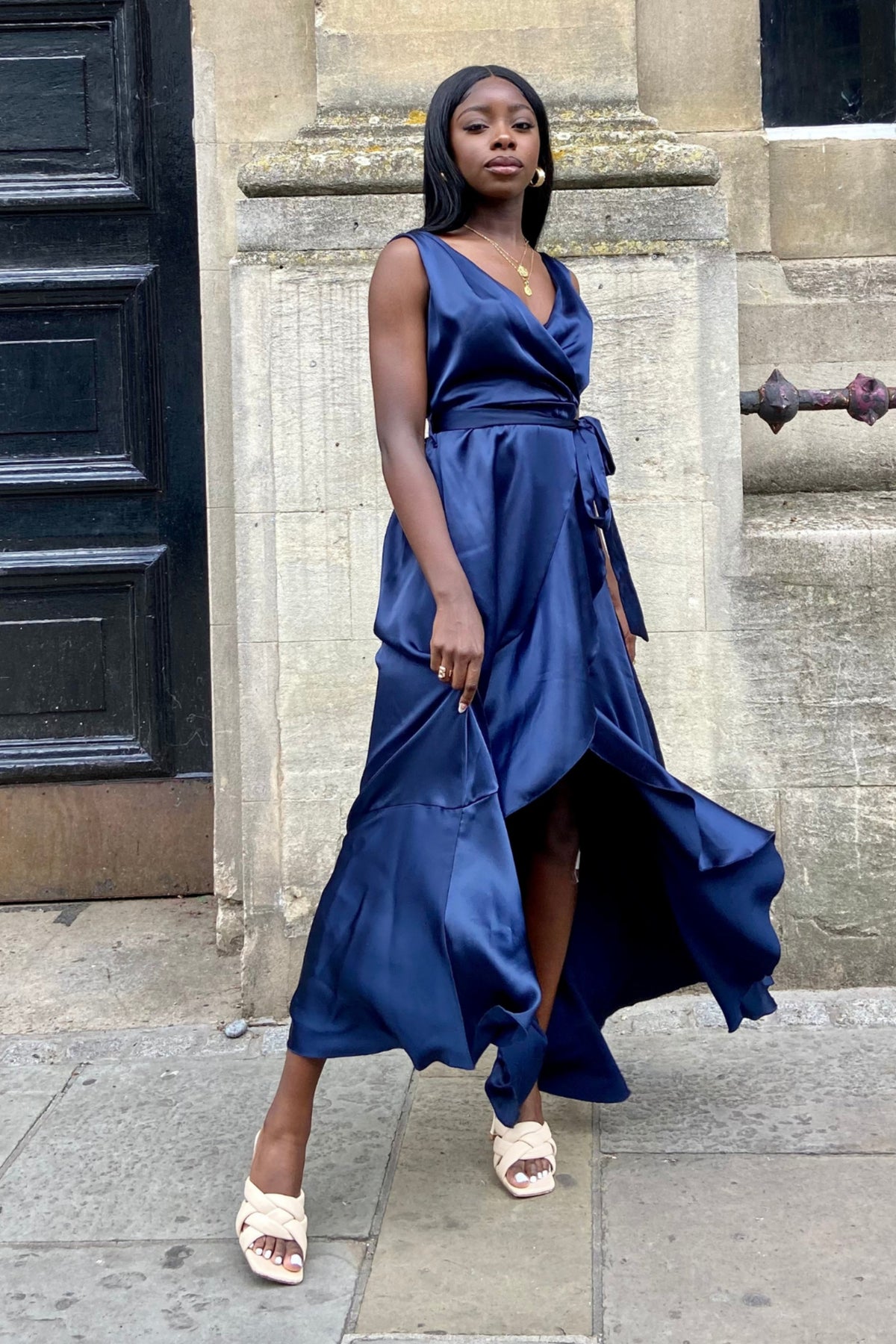 Orla Navy Satin Wrap Midi Dress