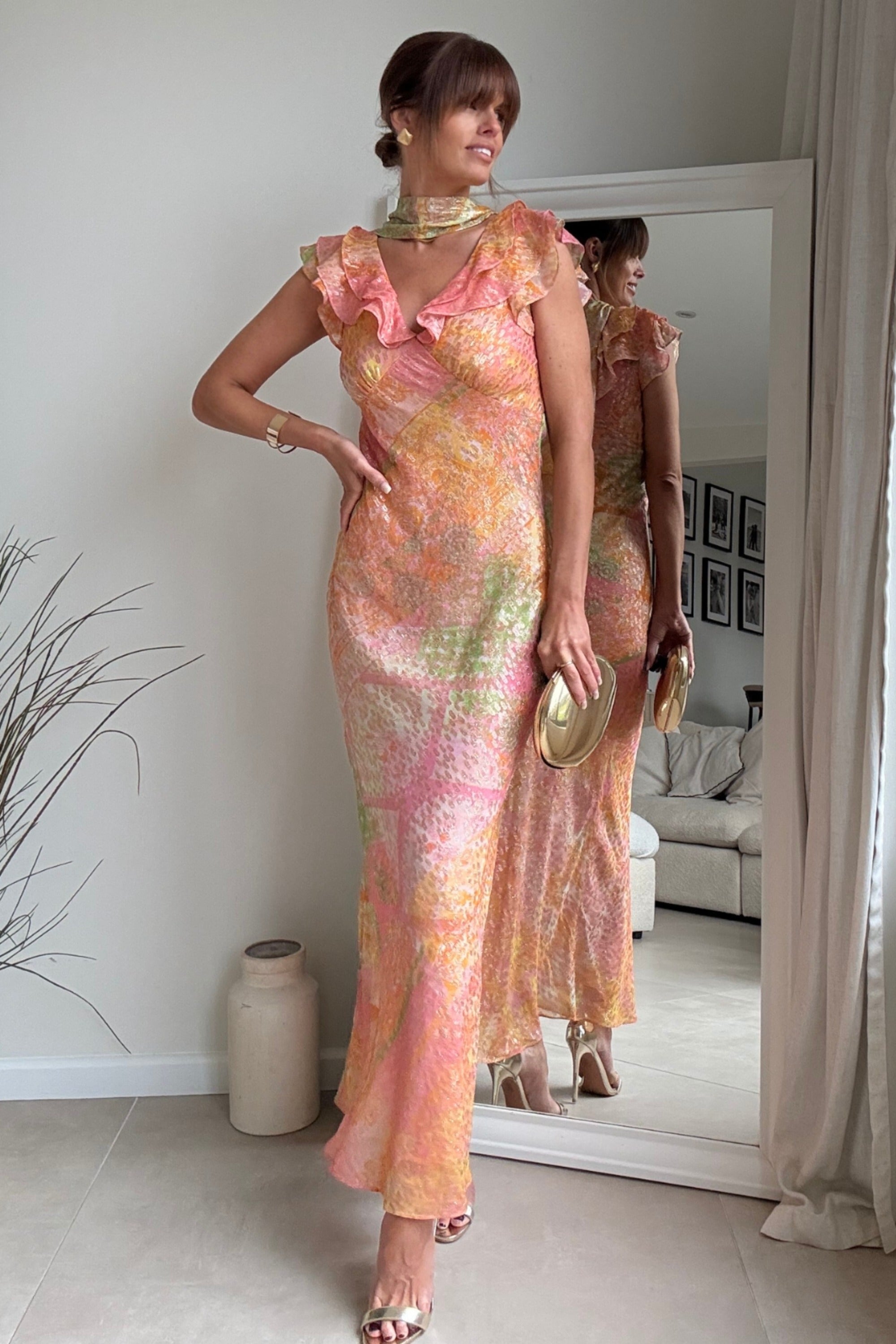 Ruffle Lurex Maxi Dress in Coral - Style Cheat