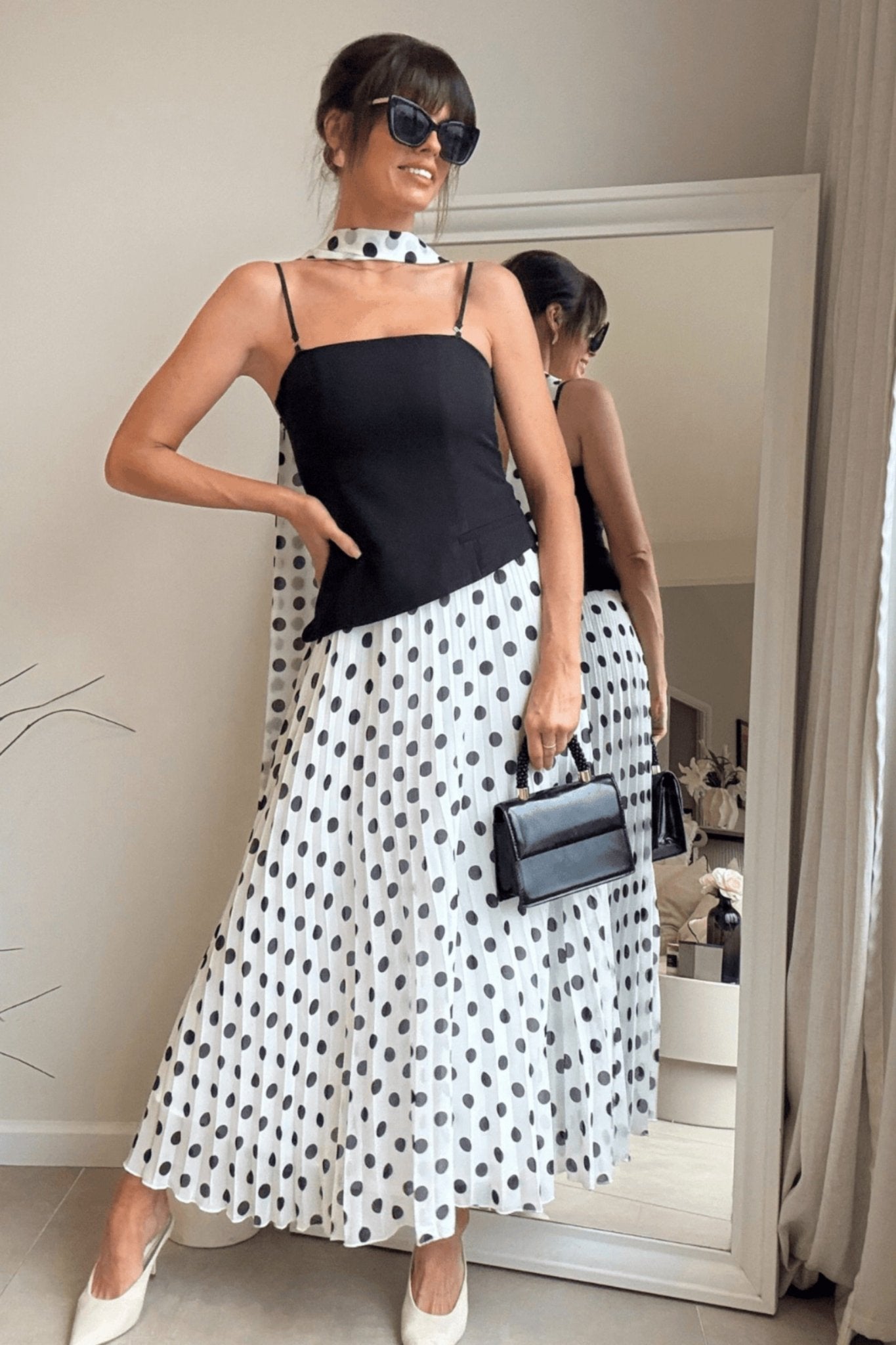 Viola Scarf Bandeau Pleat Dress in Mono Polka Dot - Style Cheat