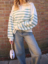 Quarter Zip Jumper | Kianna Stripe Knitted Jumper in Sage