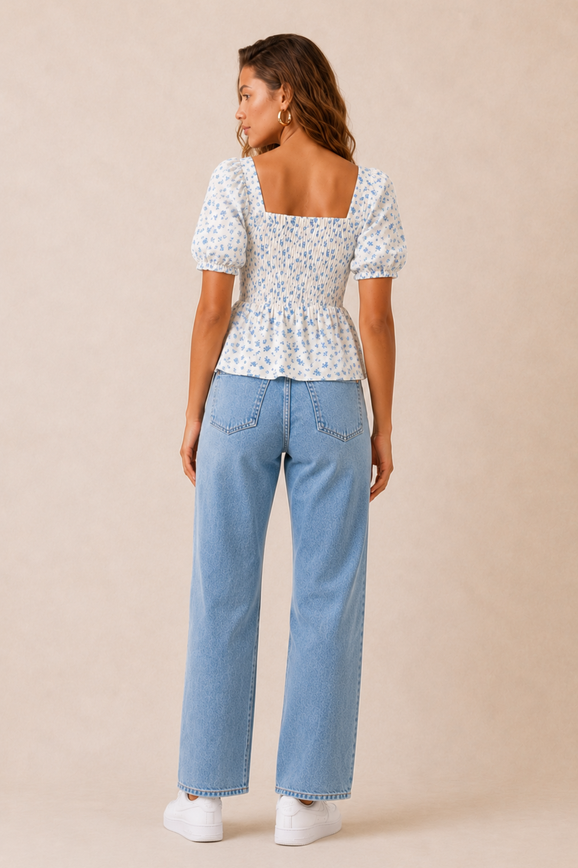 Blue Floral Shirred Top