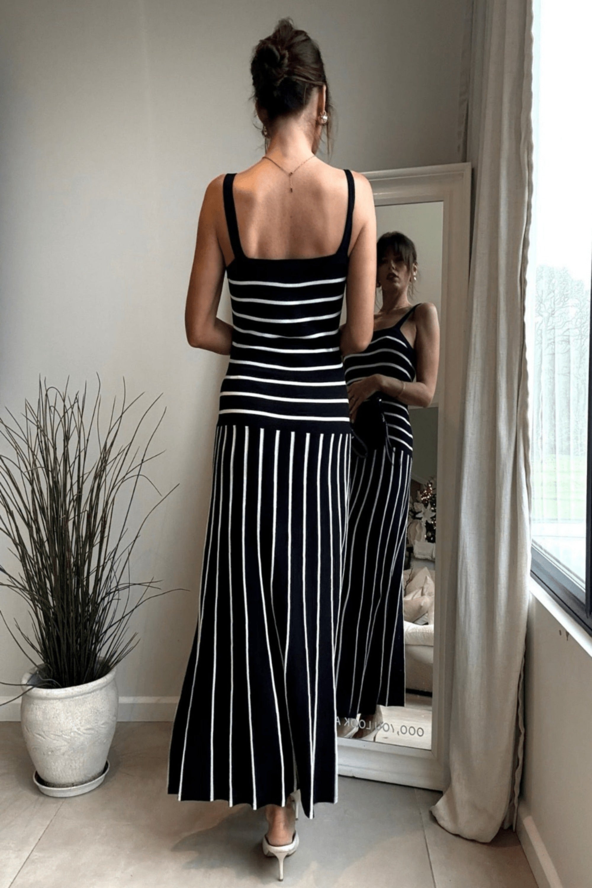 Black and White Stripe Knitted Midi Dress - Style Cheat