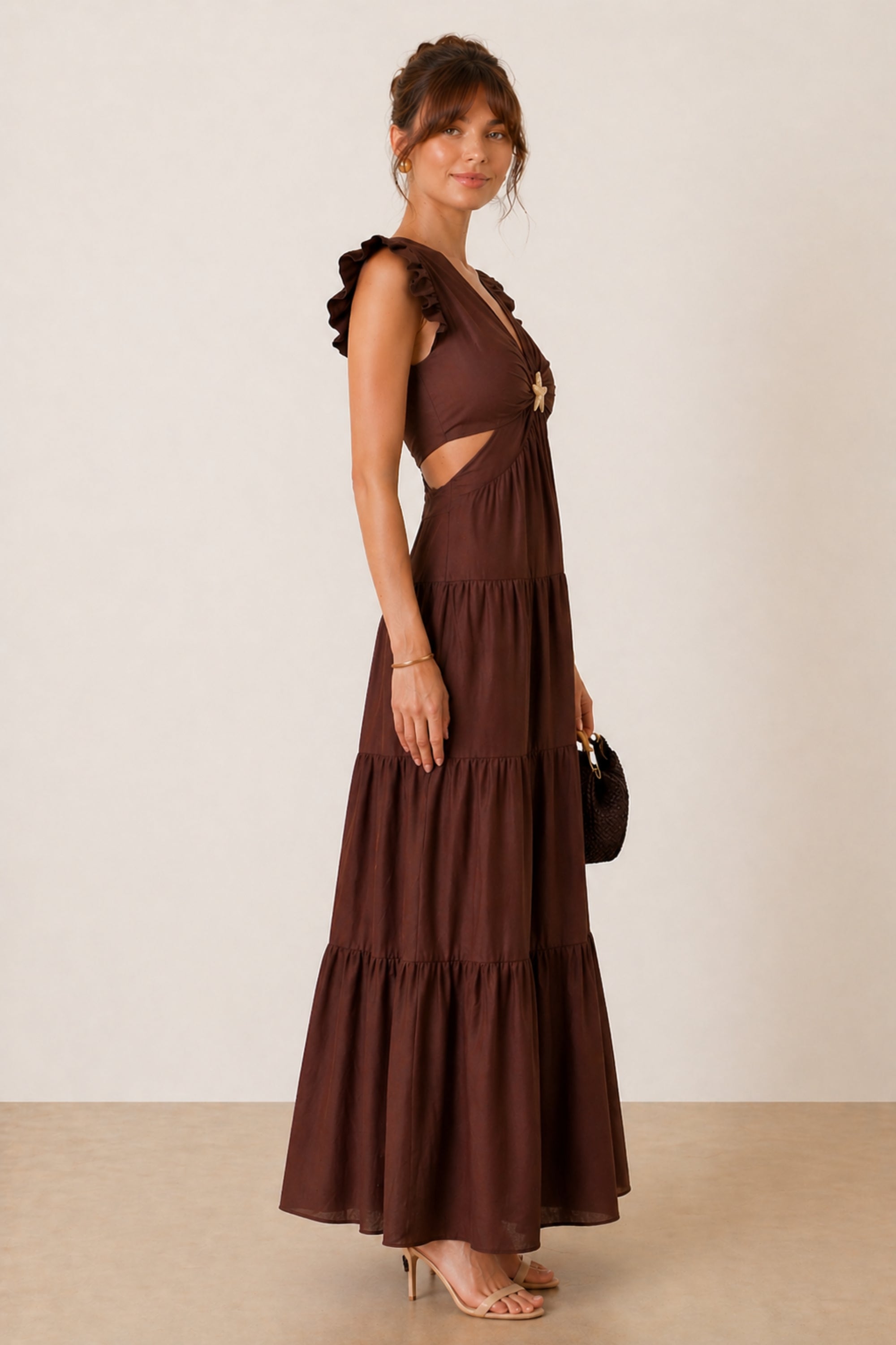 Indie Cut Out Frill Maxi Dress in Brown
