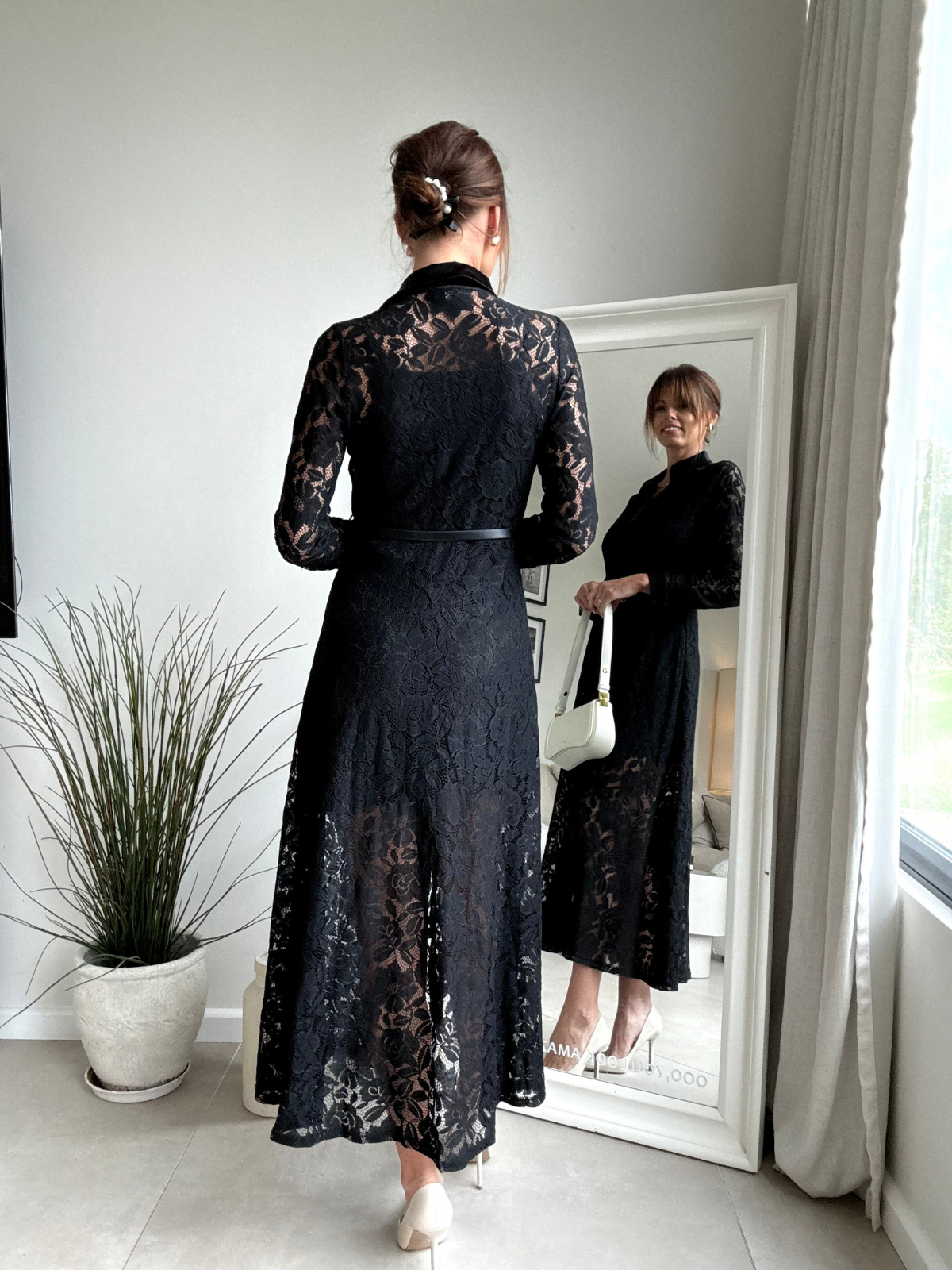 Daphne Belted Shirt Dress / Black Lace