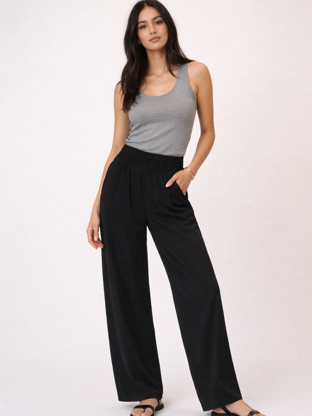 Black Shirred Plain Trouser