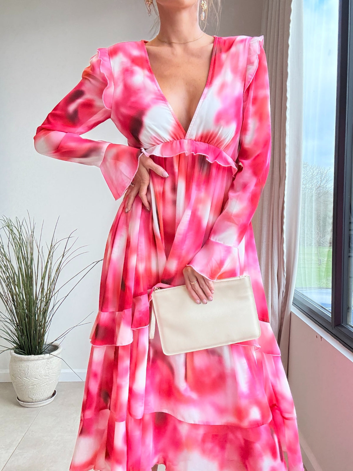 Birdie Frill Tie Back Dress / Pink Abstract