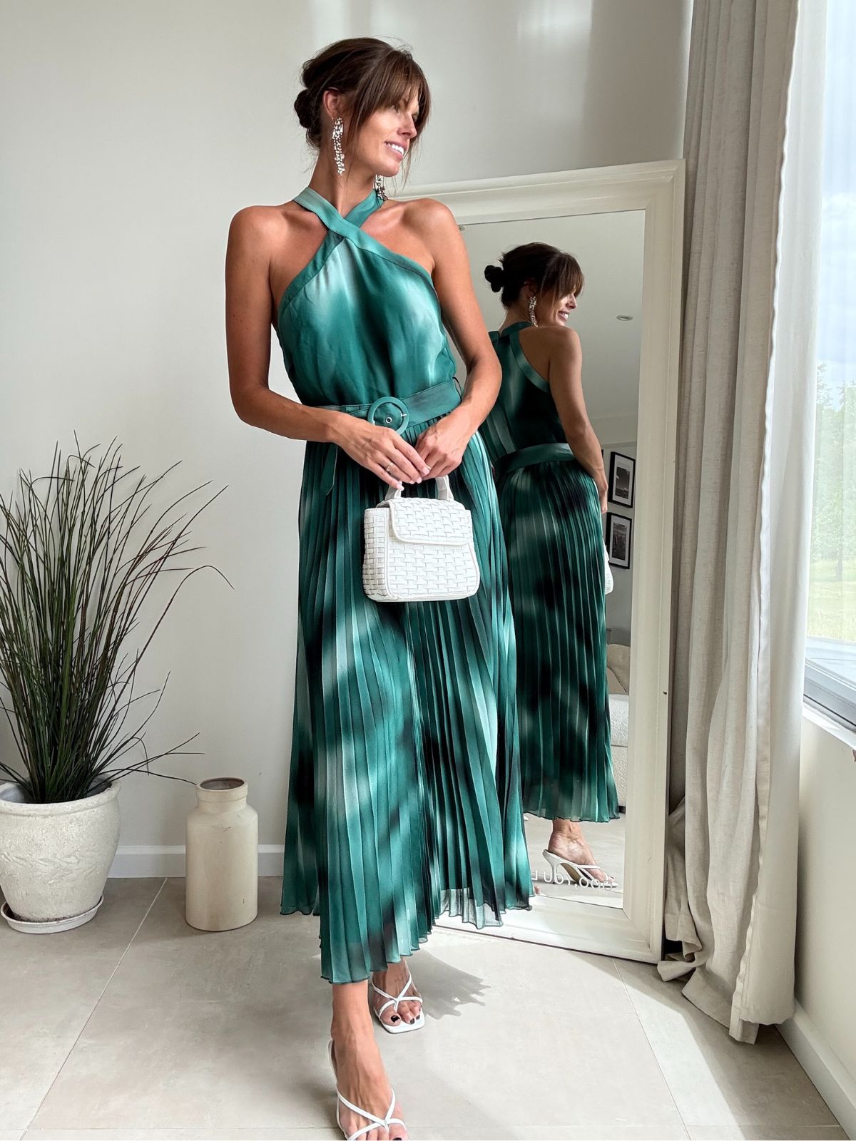 Paige Halter Pleated Belted Dress / Green Print