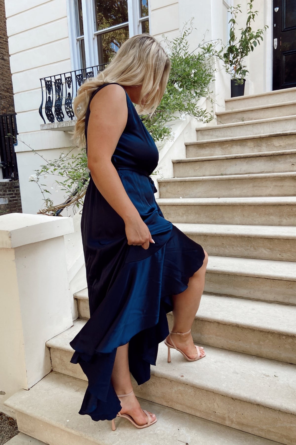 Orla Navy Satin Wrap Midi Dress