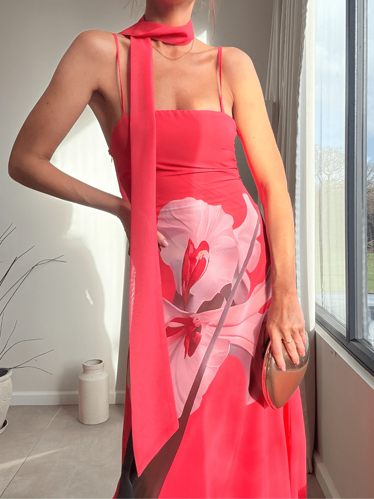 Peony Soft Satin Maxi with Scarf in Pink