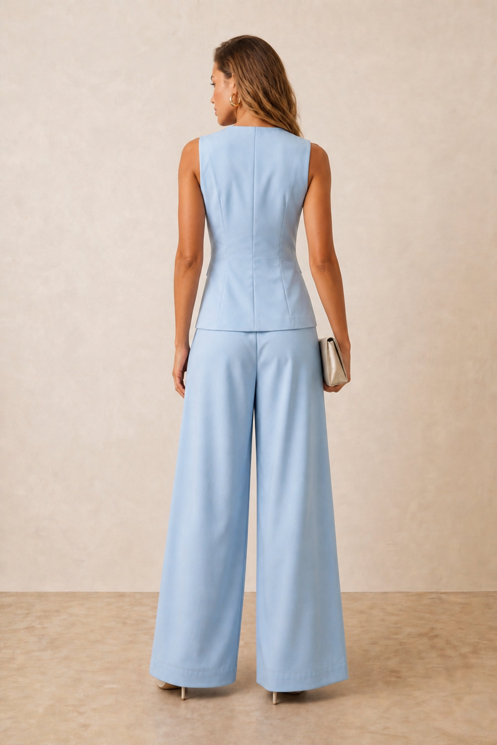 Pastel Blue V Neck Waistcoat with Gold Button
